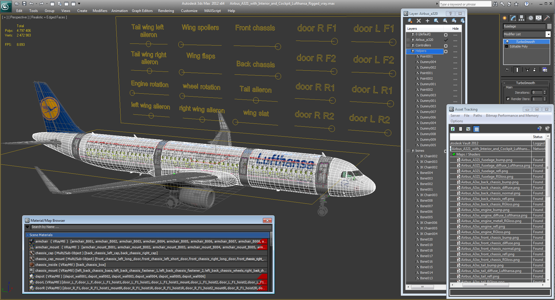 Airbus A321 with Interior and Cockpit Lufthansa Rigged 3D model