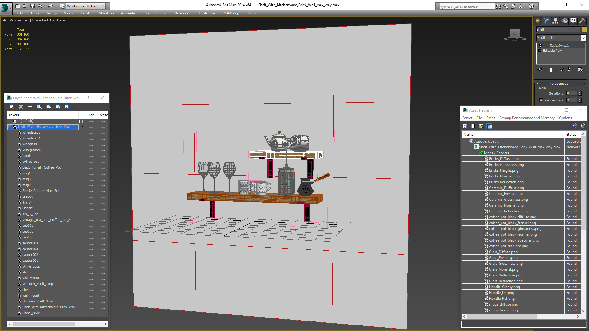 3D Shelf With Kitchenware Brick Wall model