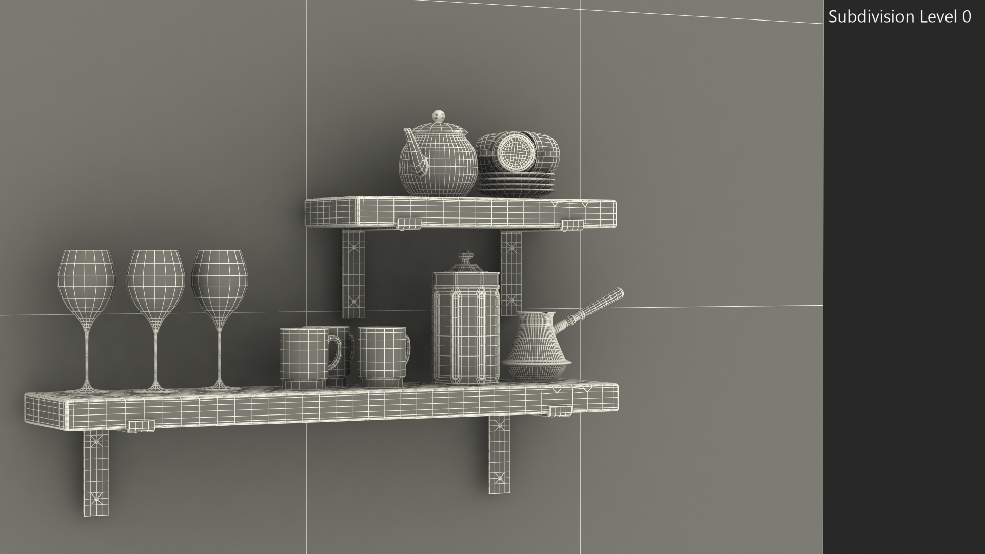 3D Shelf With Kitchenware Brick Wall model