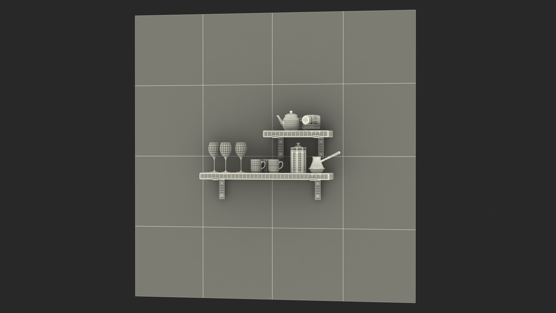 3D Shelf With Kitchenware Brick Wall model