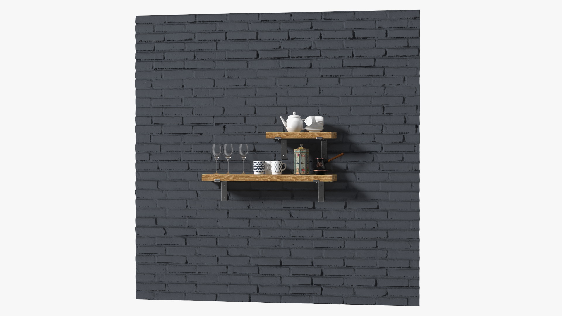3D Shelf With Kitchenware Brick Wall model