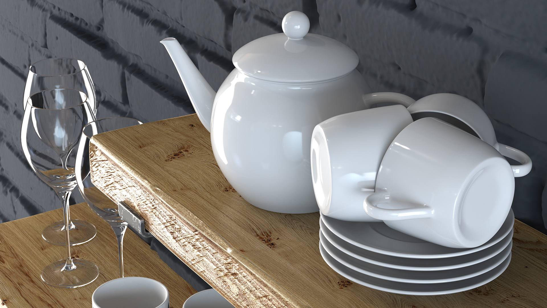 3D Shelf With Kitchenware Brick Wall model