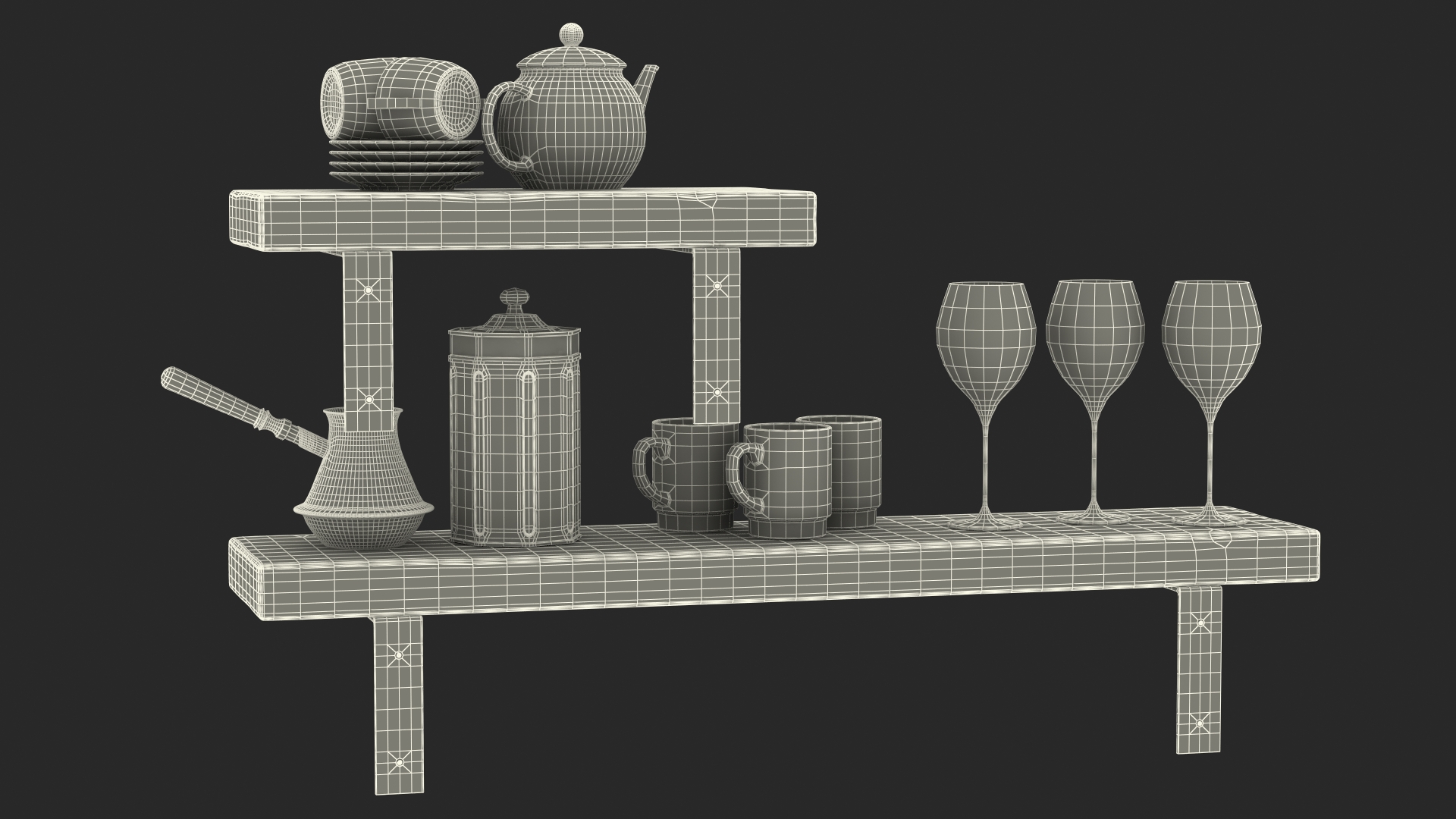3D Shelf With Kitchenware Brick Wall model