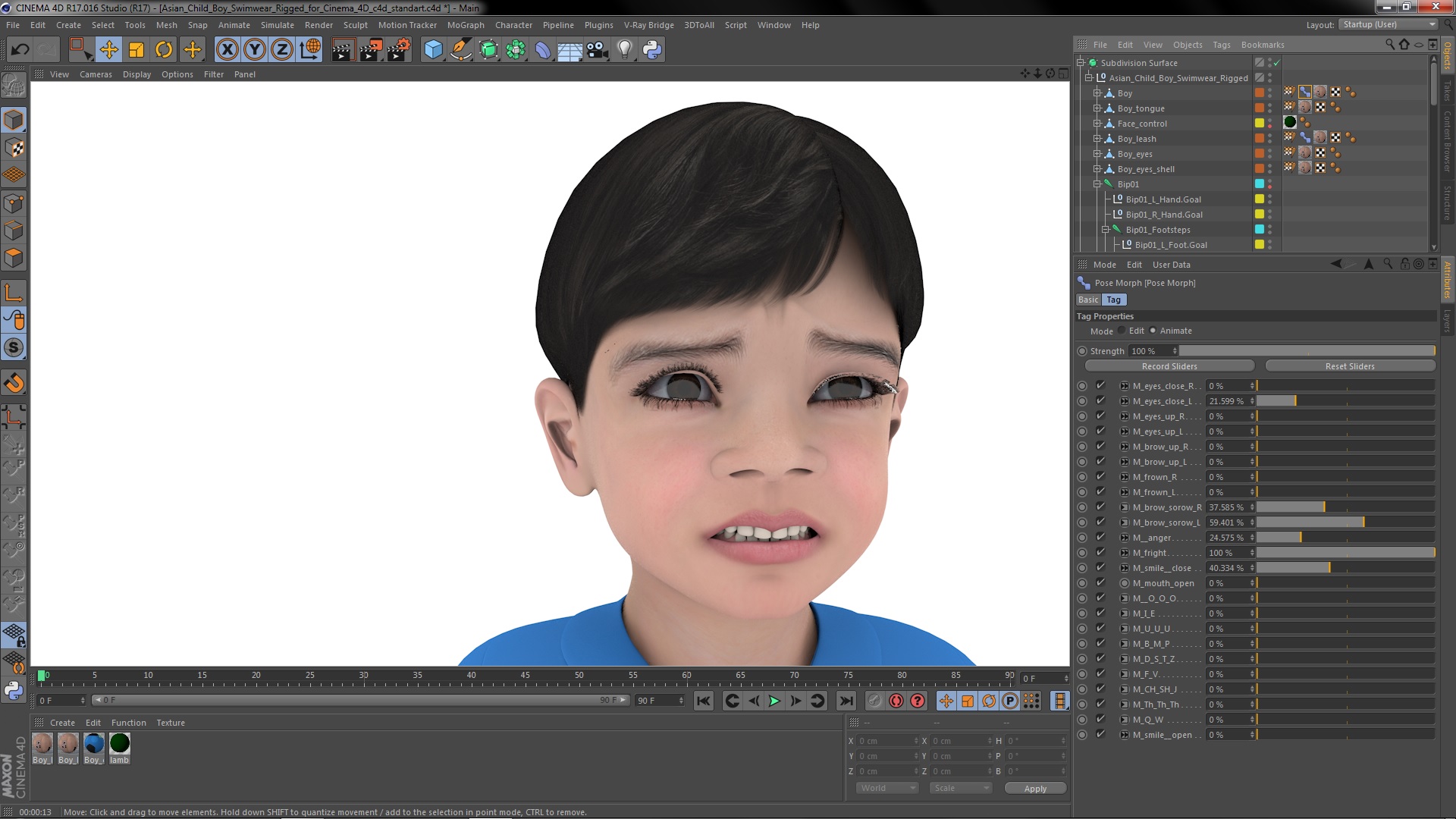 3D model Asian Child Boy Swimwear Rigged for Cinema 4D