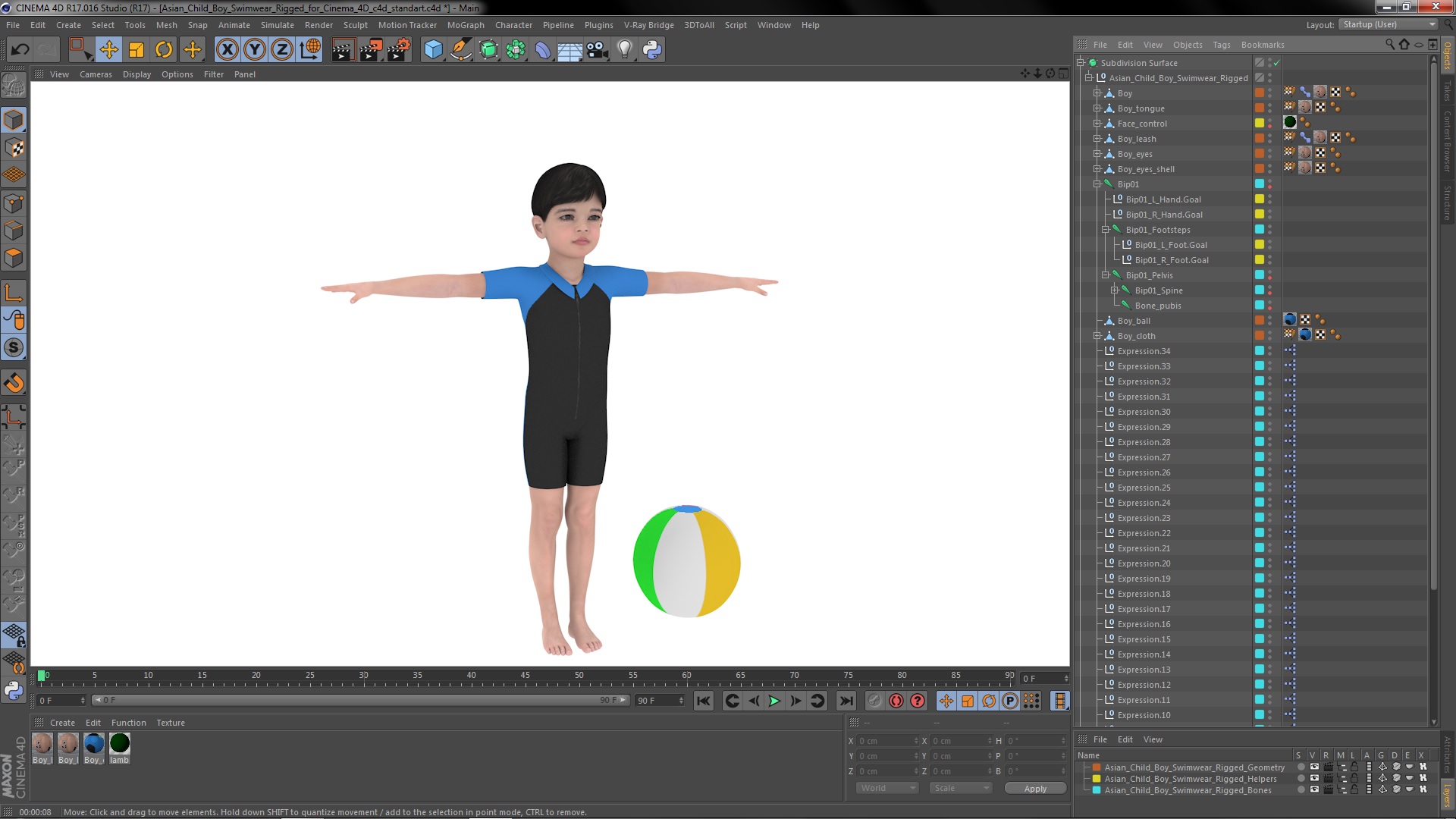 3D model Asian Child Boy Swimwear Rigged for Cinema 4D