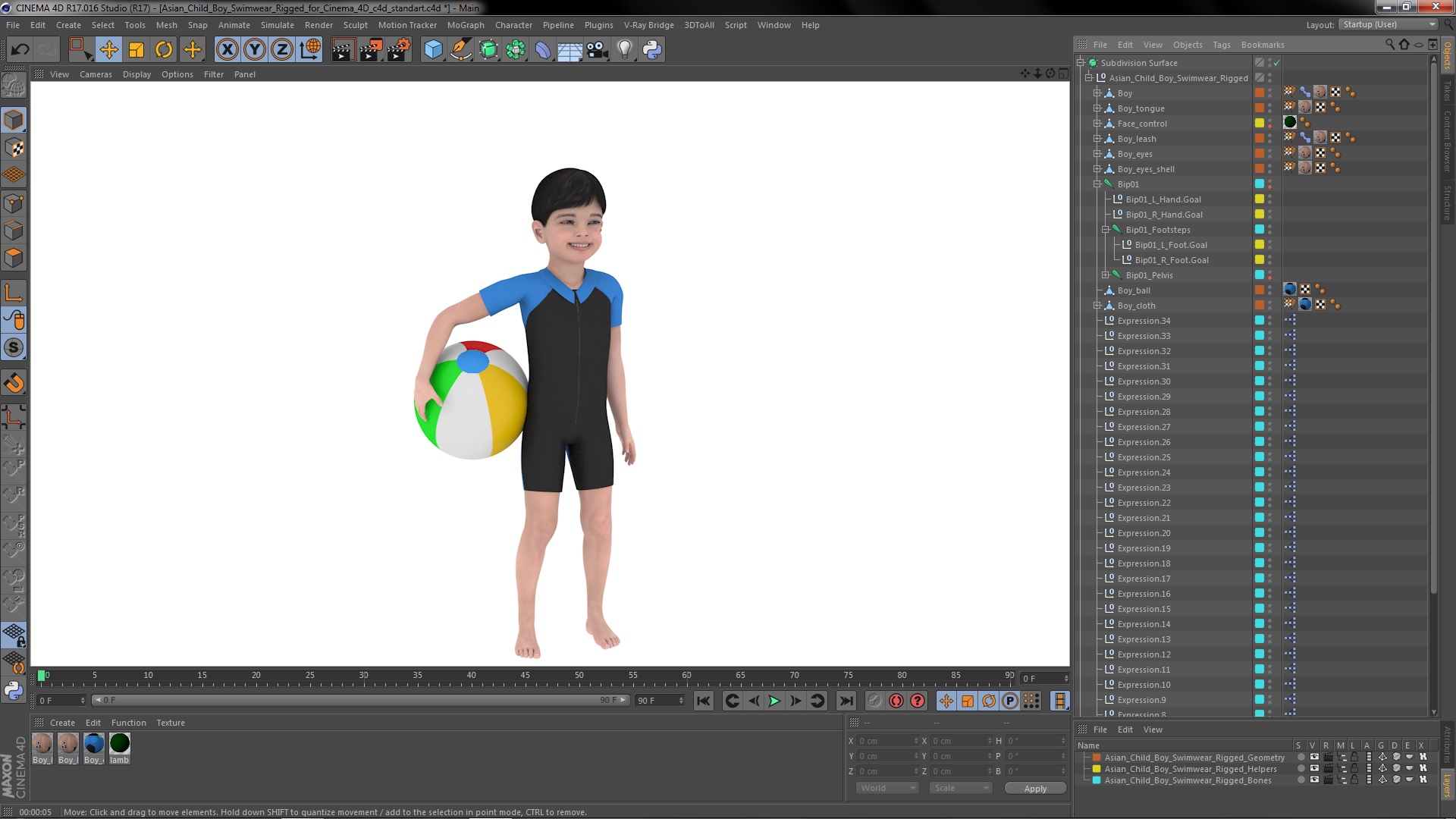 3D model Asian Child Boy Swimwear Rigged for Cinema 4D