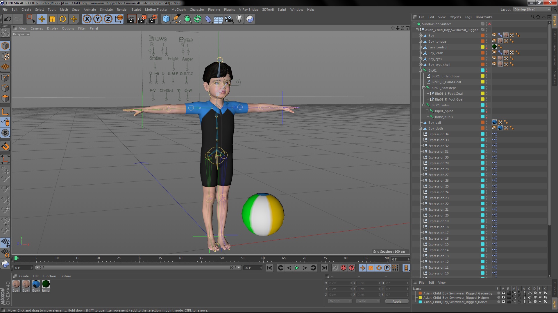3D model Asian Child Boy Swimwear Rigged for Cinema 4D