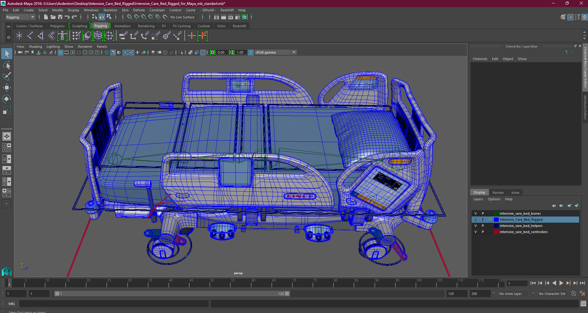 Intensive Care Bed Rigged for Maya 3D model