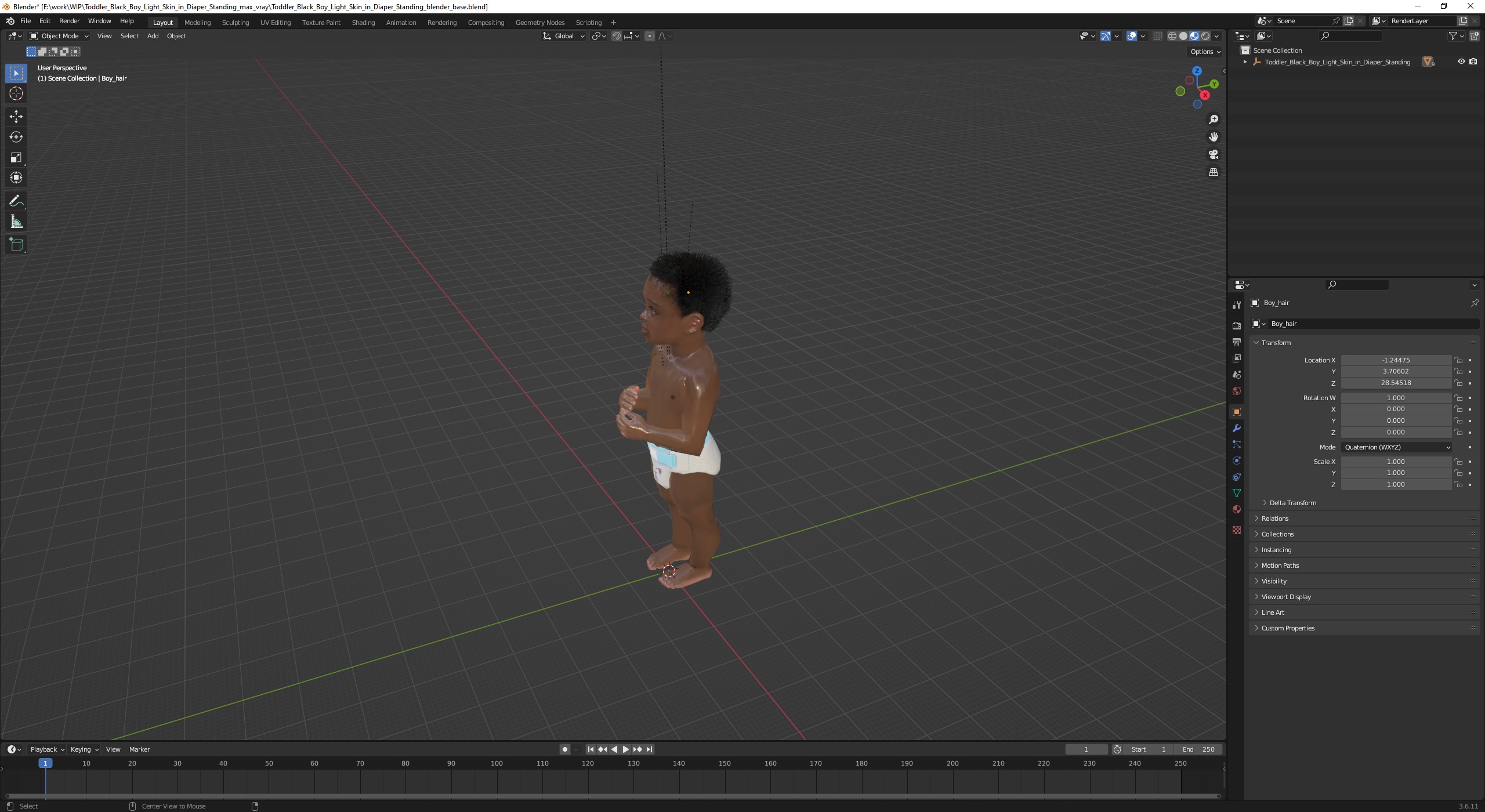 Toddler Black Boy Light Skin in Diaper Standing 3D
