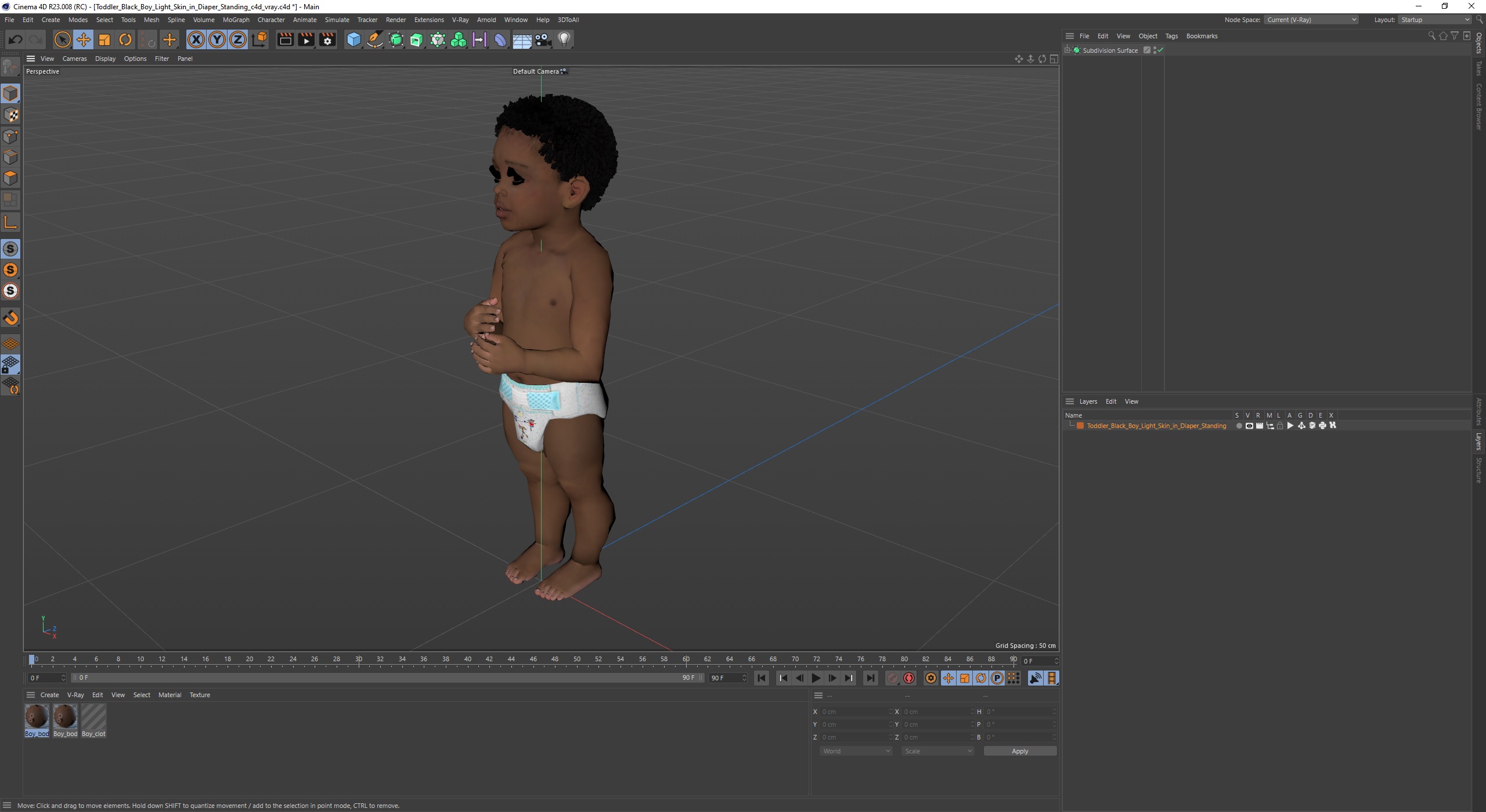 Toddler Black Boy Light Skin in Diaper Standing 3D