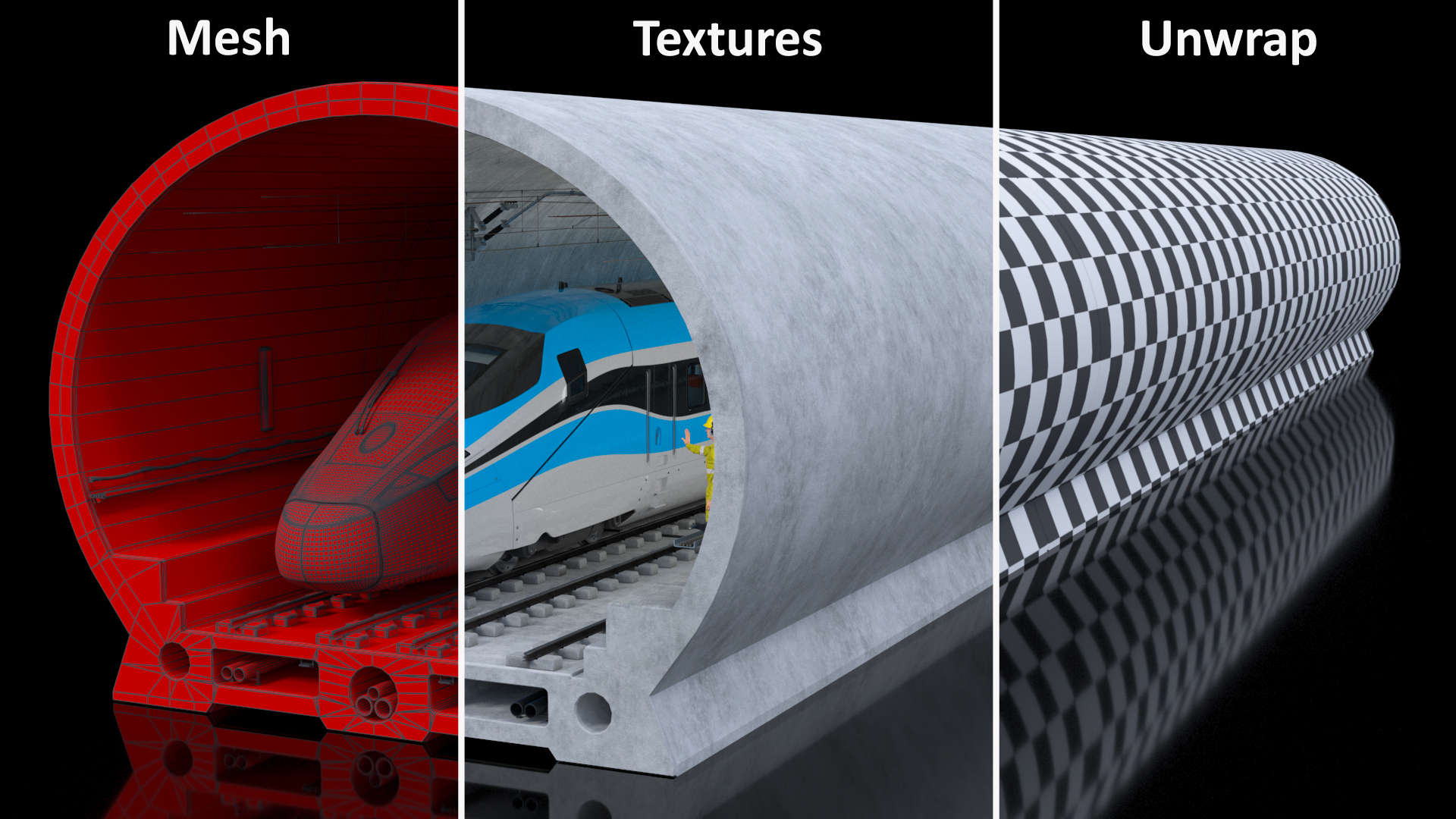 Railway Tunnel Section with Train and Worker 3D model