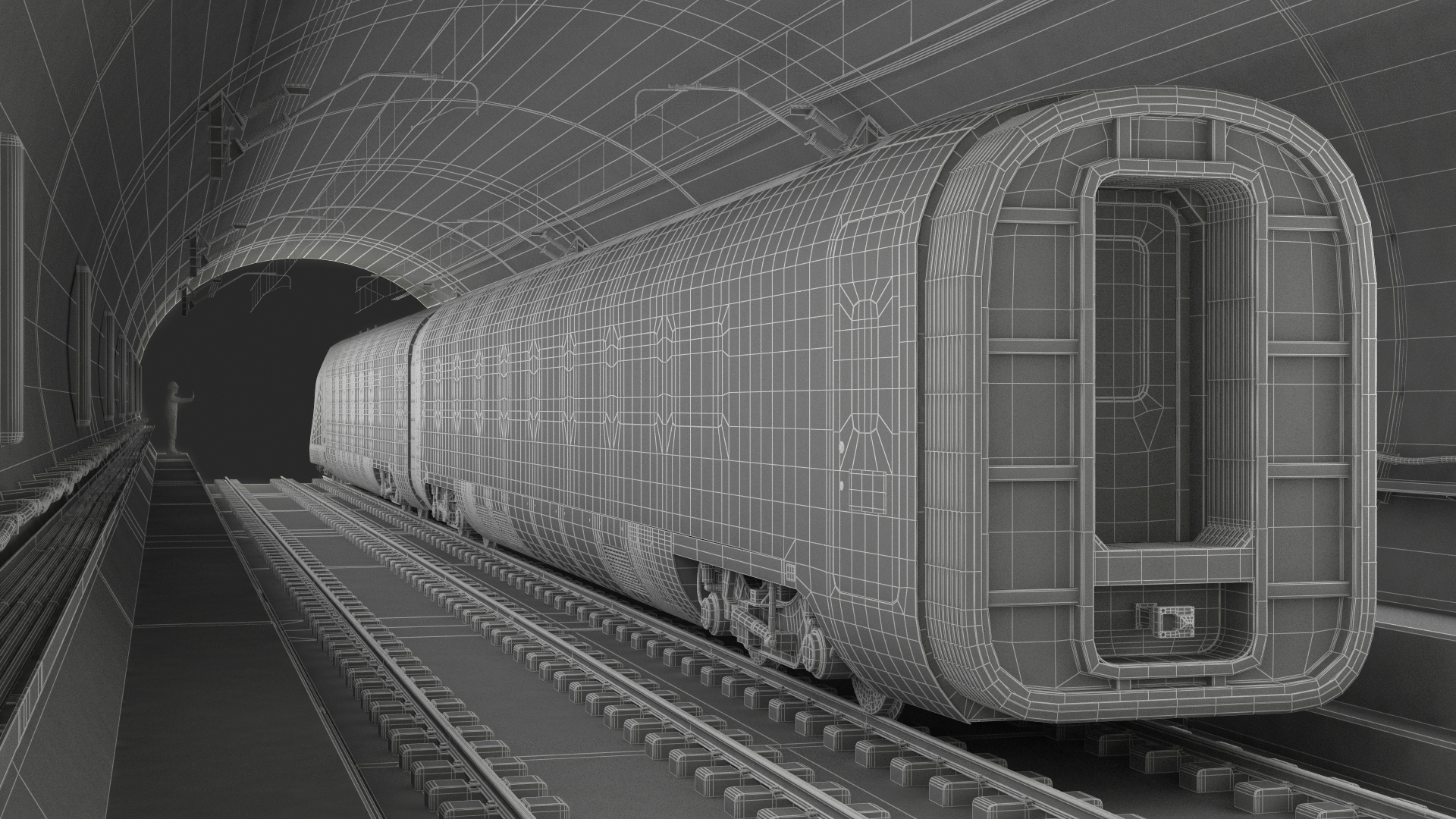 Railway Tunnel Section with Train and Worker 3D model