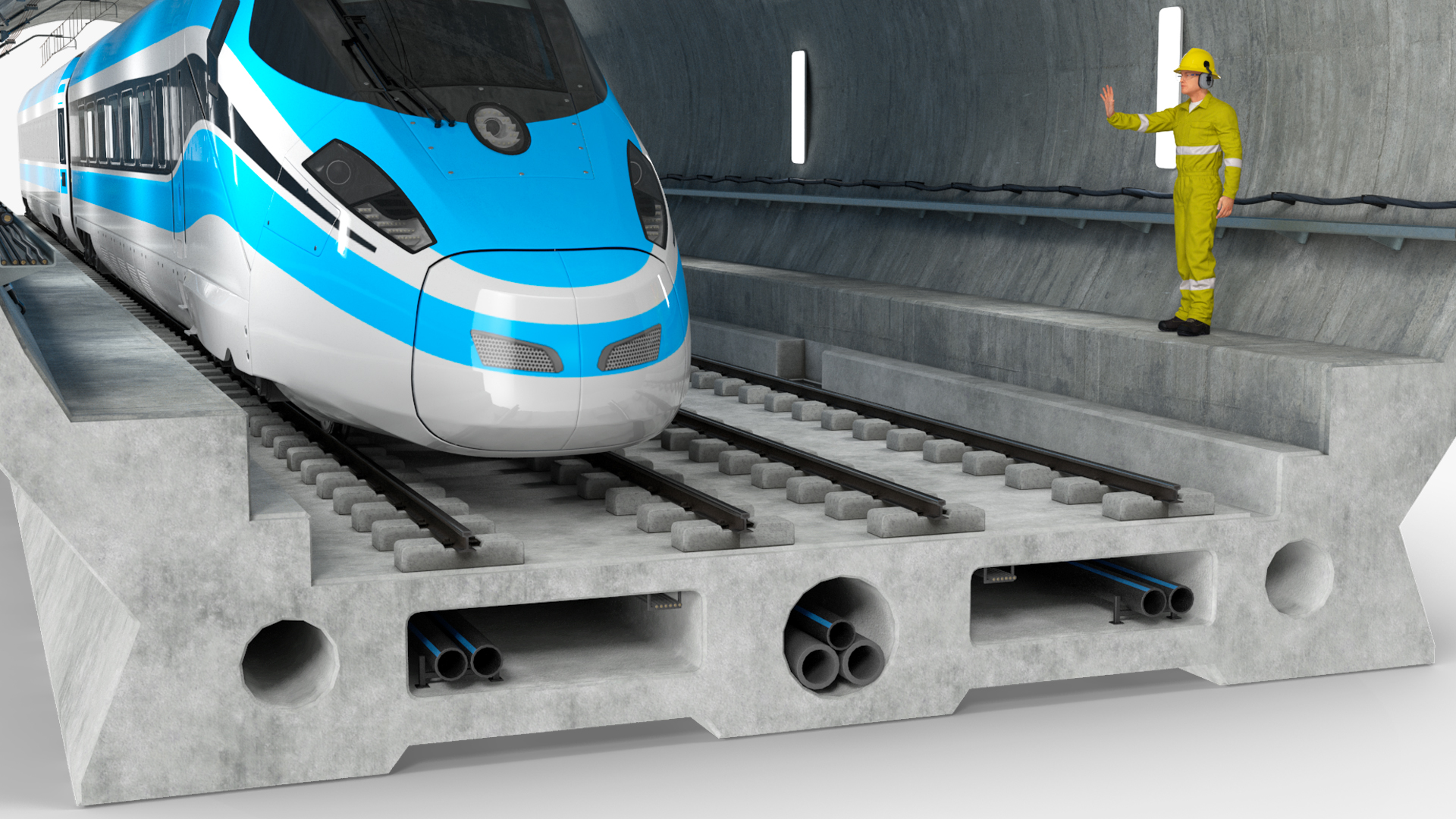 Railway Tunnel Section with Train and Worker 3D model