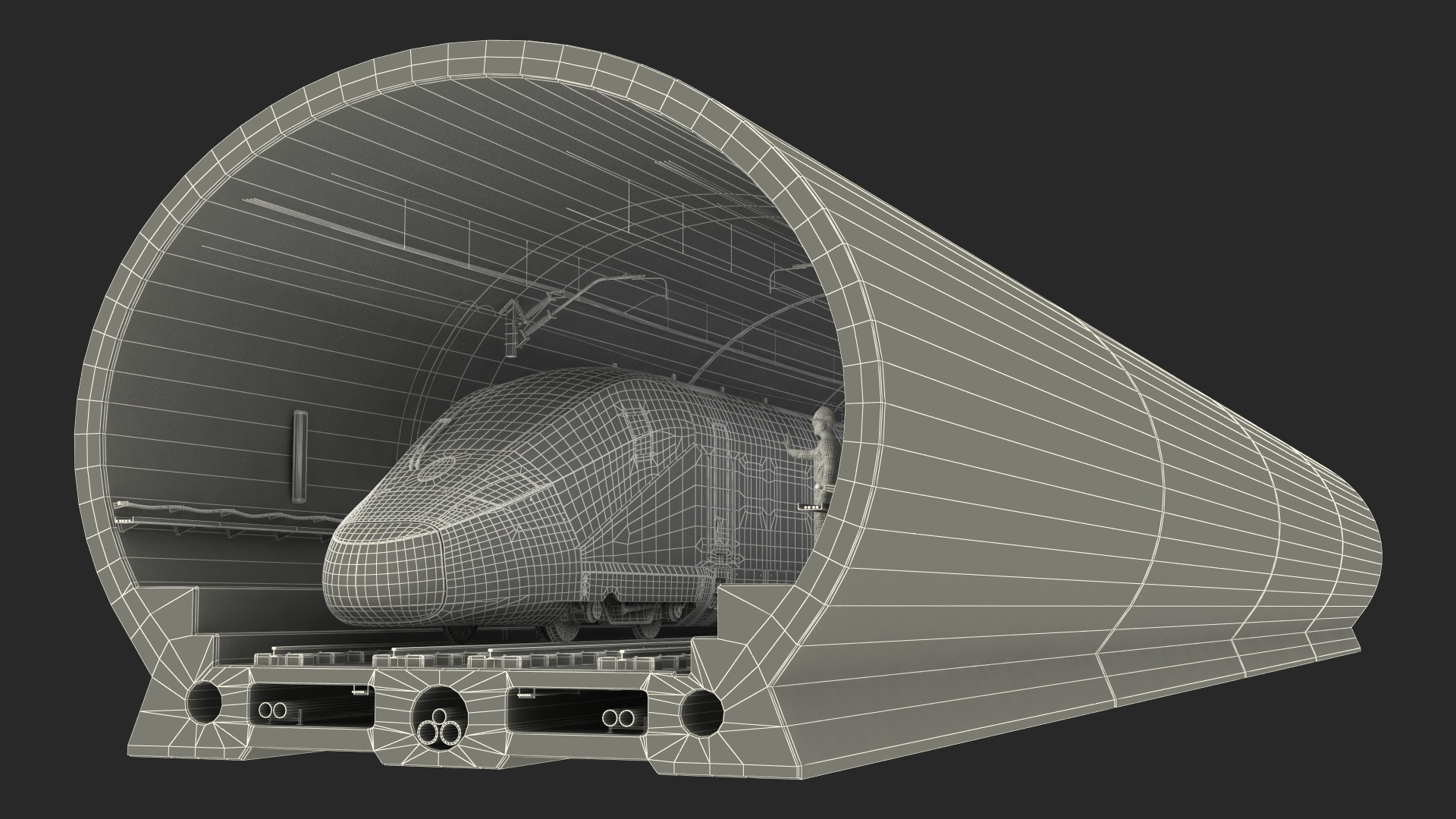Railway Tunnel Section with Train and Worker 3D model