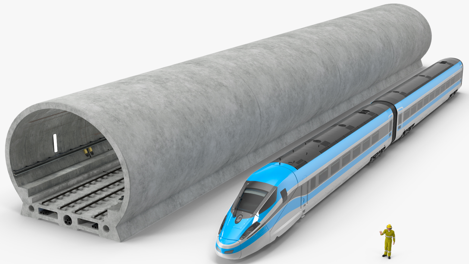 Railway Tunnel Section with Train and Worker 3D model