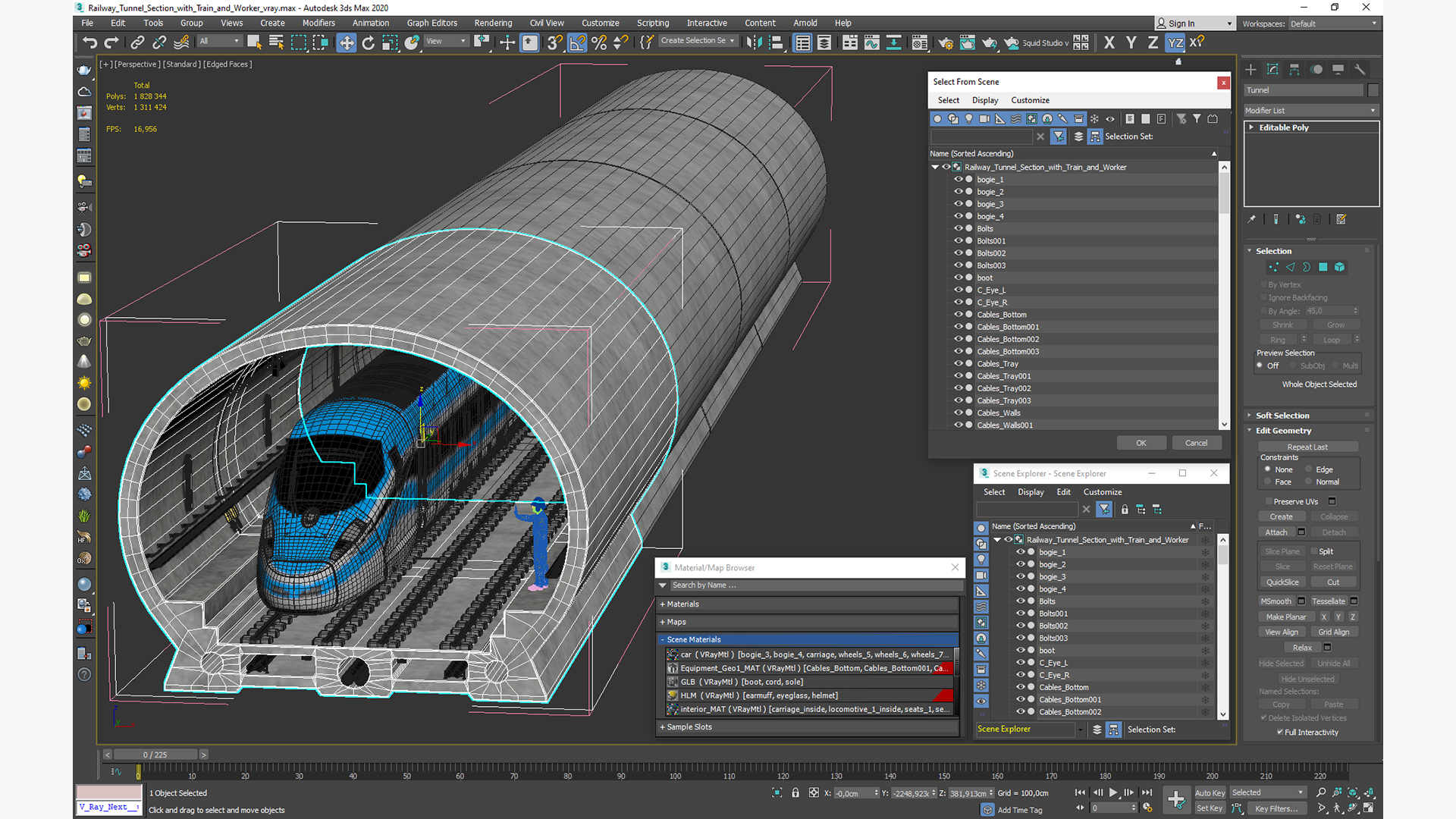 Railway Tunnel Section with Train and Worker 3D model