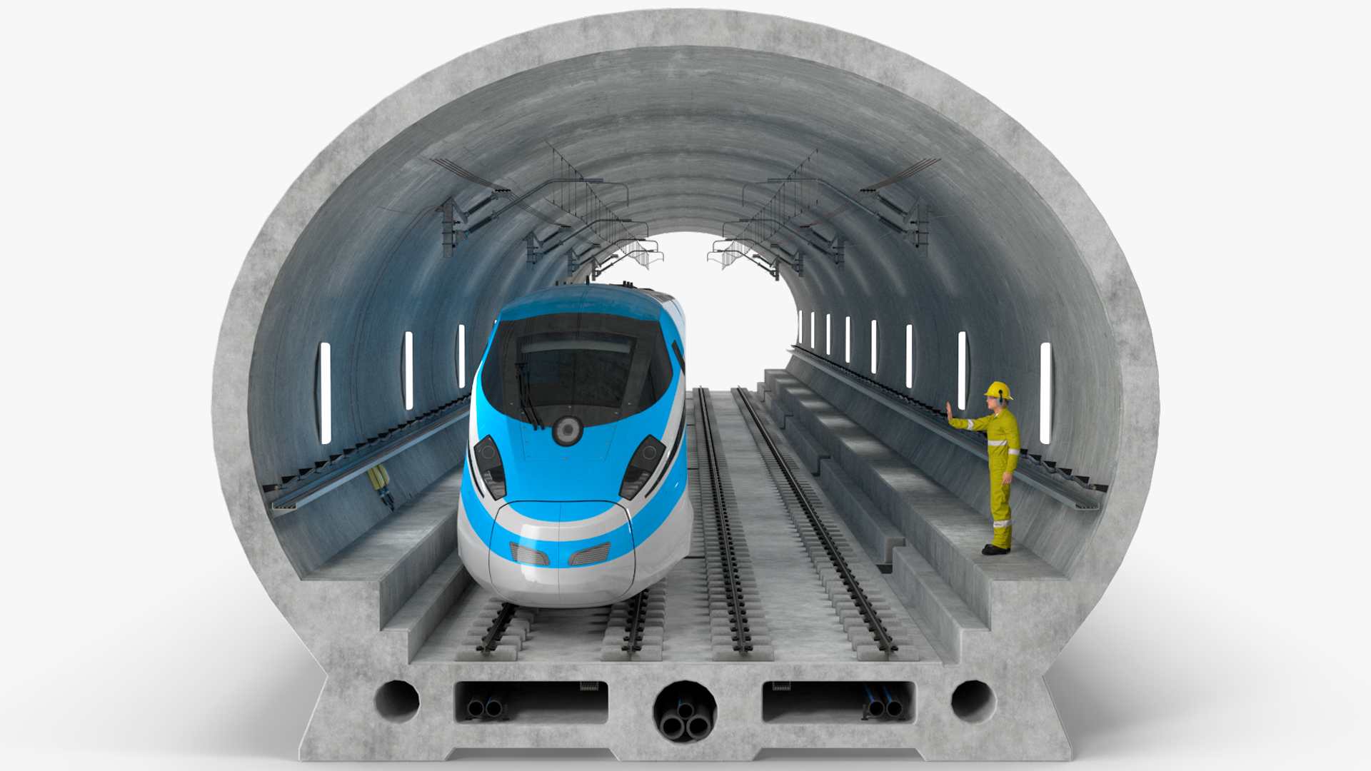 Railway Tunnel Section with Train and Worker 3D model
