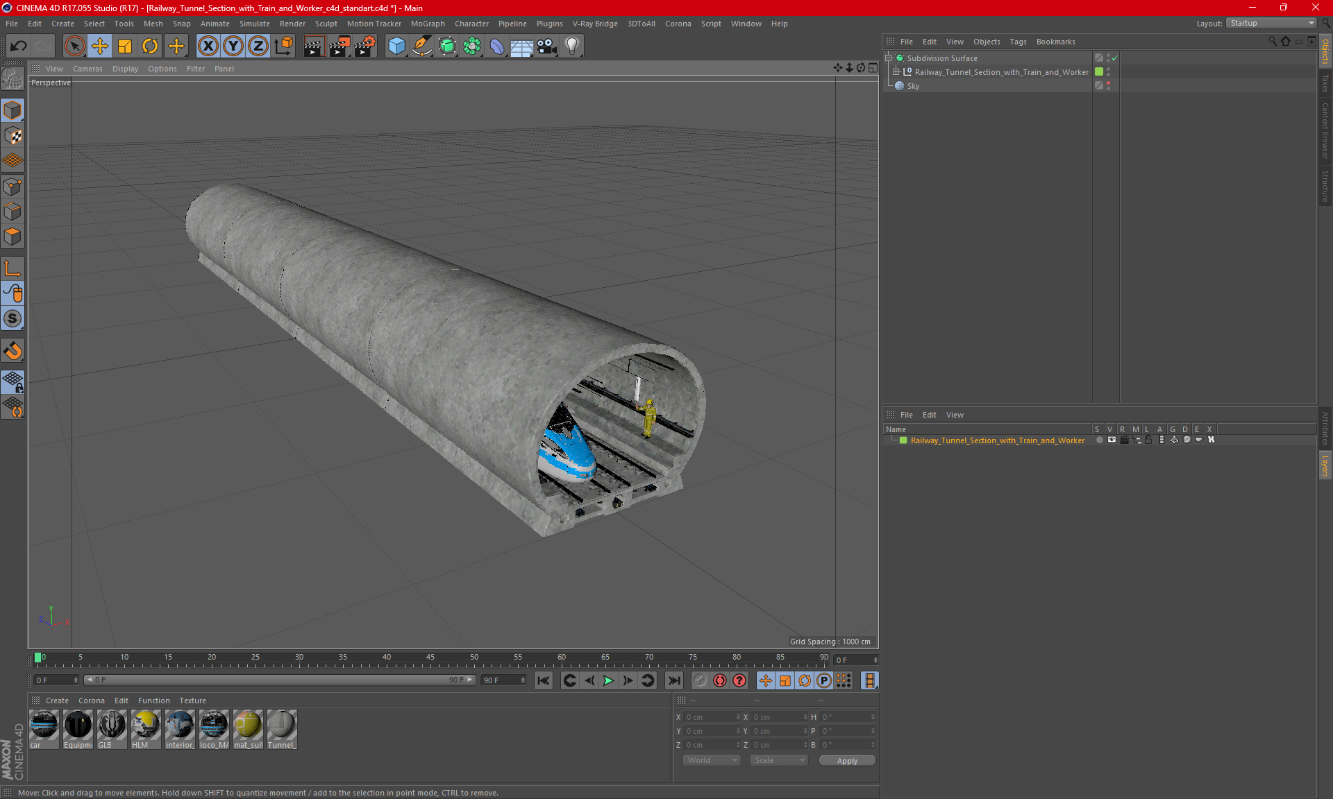 Railway Tunnel Section with Train and Worker 3D model