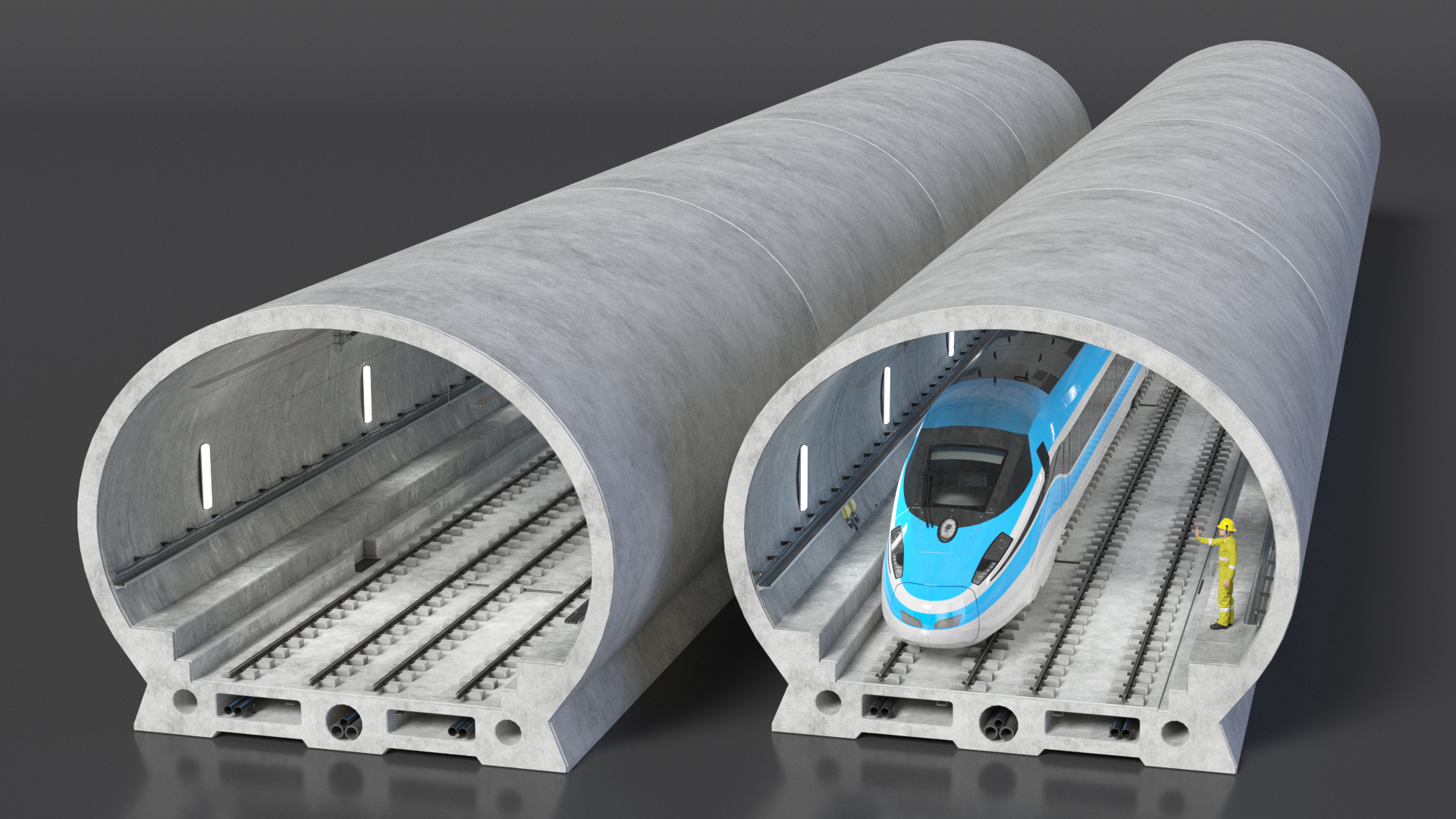 Railway Tunnel Section with Train and Worker 3D model
