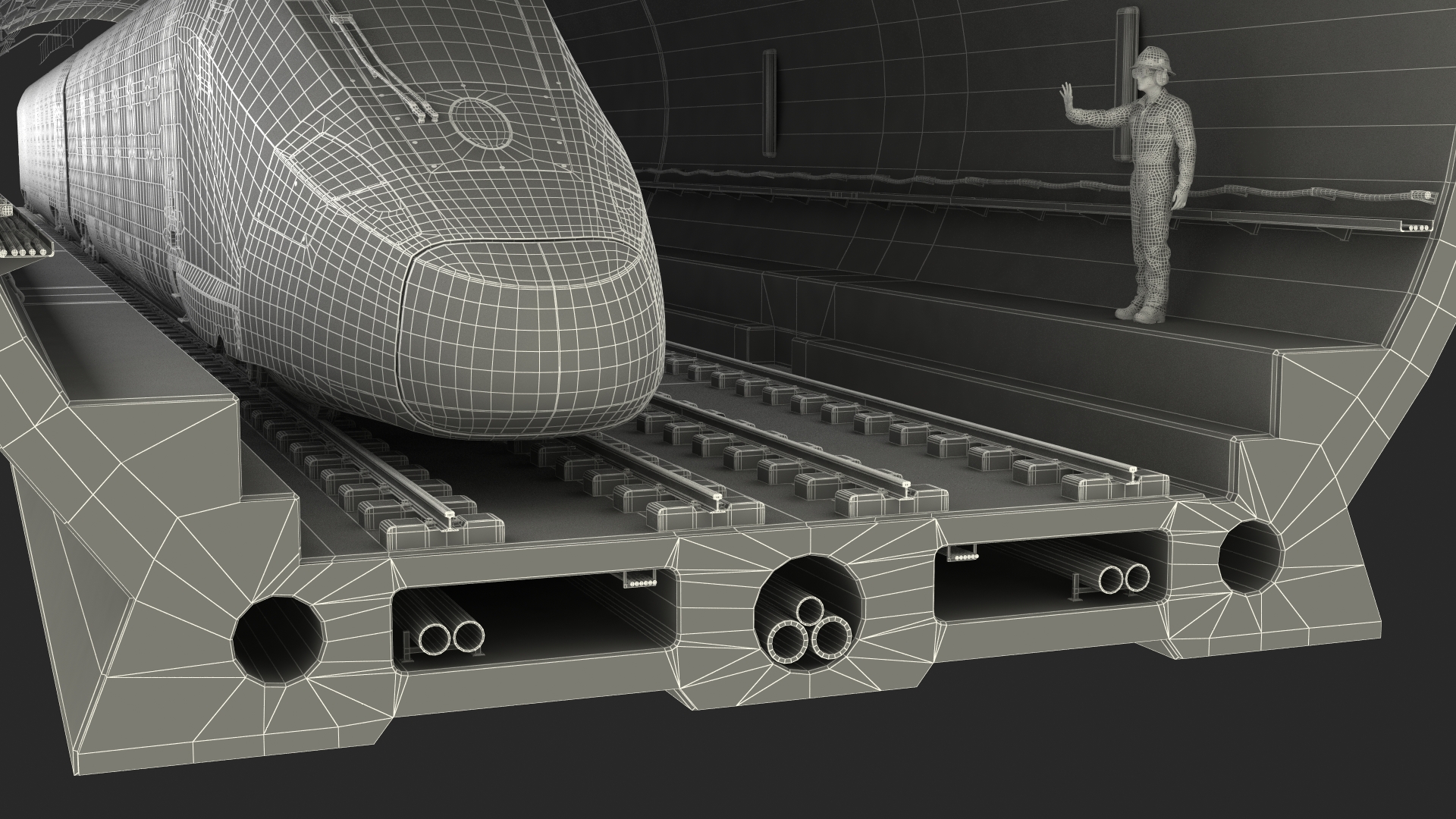 Railway Tunnel Section with Train and Worker 3D model