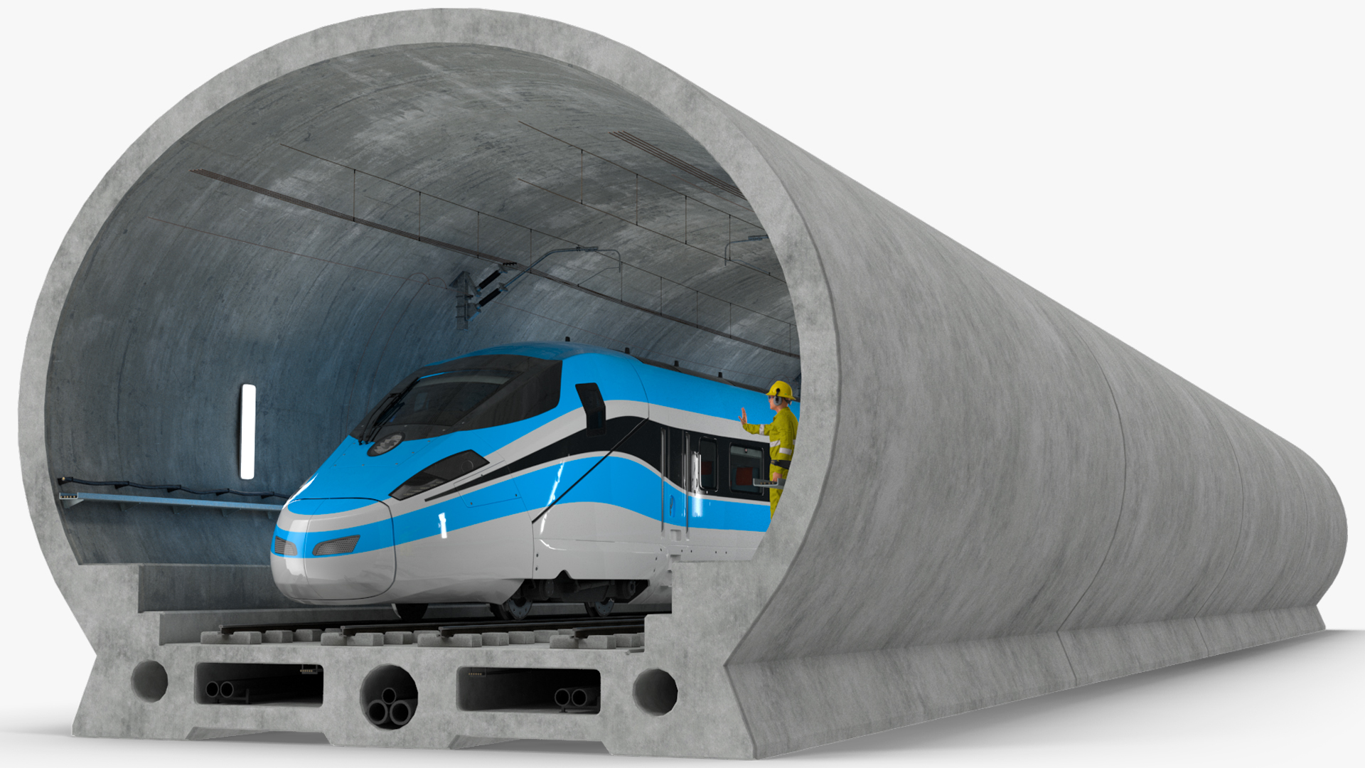 Railway Tunnel Section with Train and Worker 3D model
