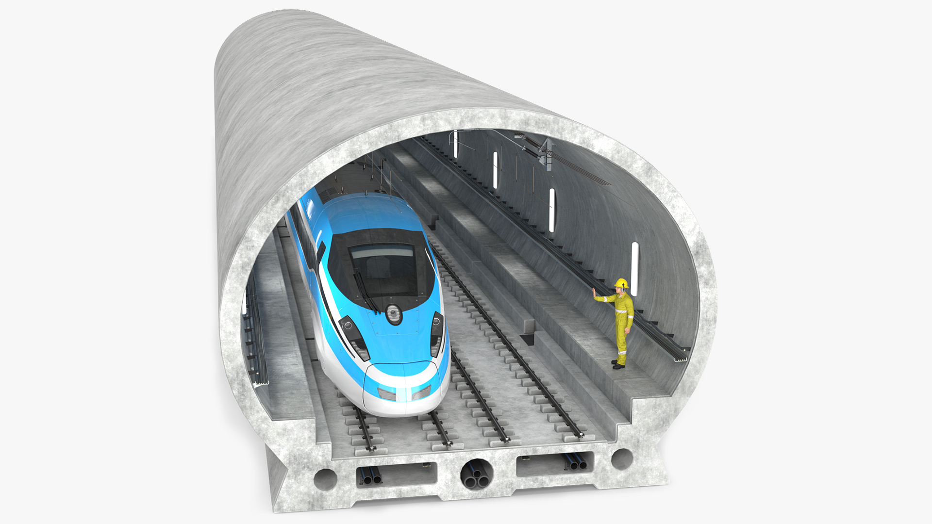Railway Tunnel Section with Train and Worker 3D model