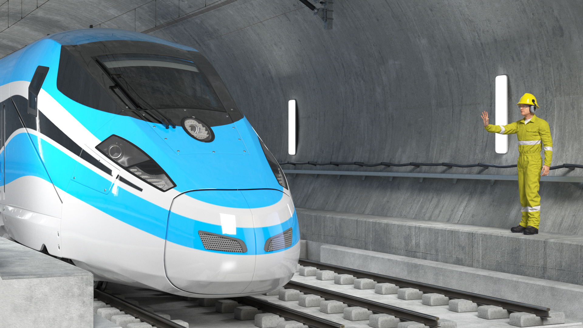 Railway Tunnel Section with Train and Worker 3D model