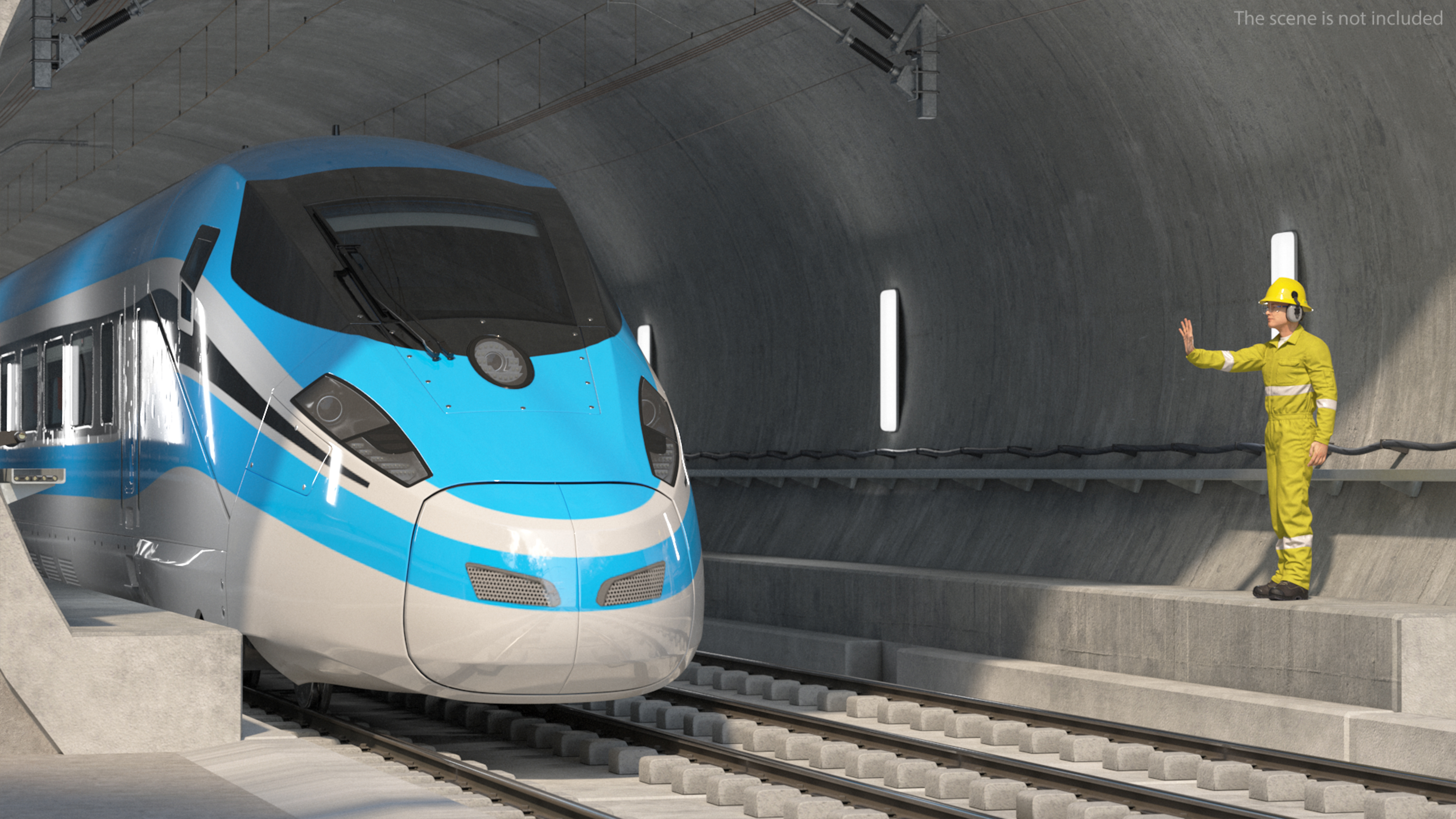 Railway Tunnel Section with Train and Worker 3D model