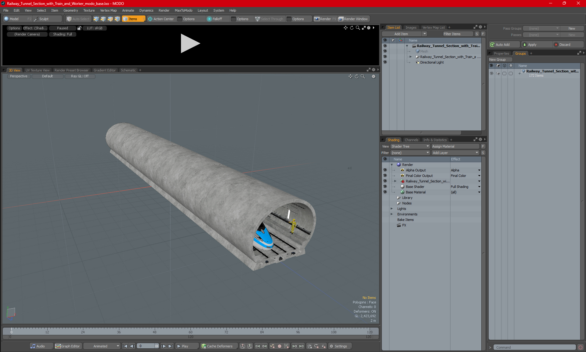 Railway Tunnel Section with Train and Worker 3D model