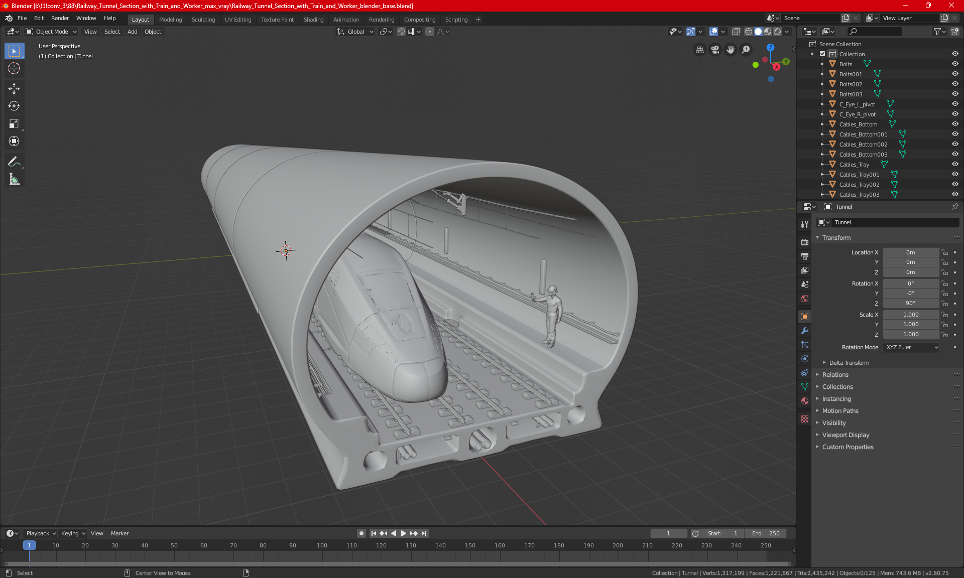 Railway Tunnel Section with Train and Worker 3D model