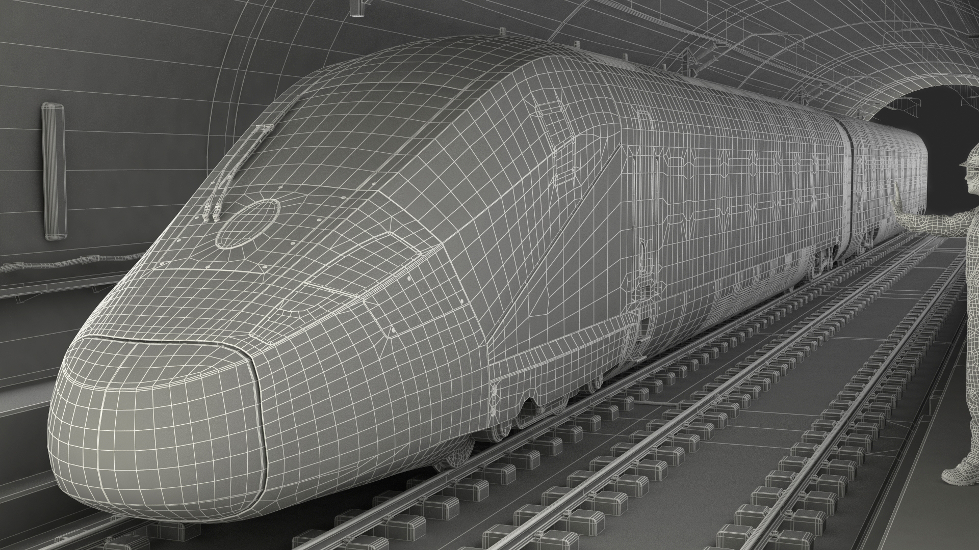 Railway Tunnel Section with Train and Worker 3D model