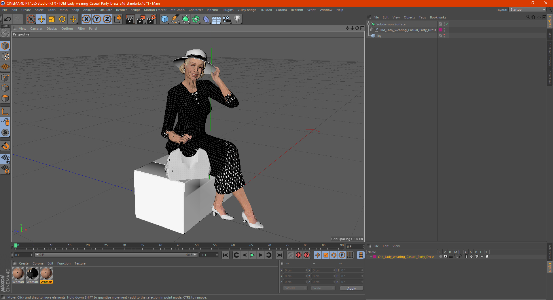 3D model Old Lady wearing Casual Party Dress