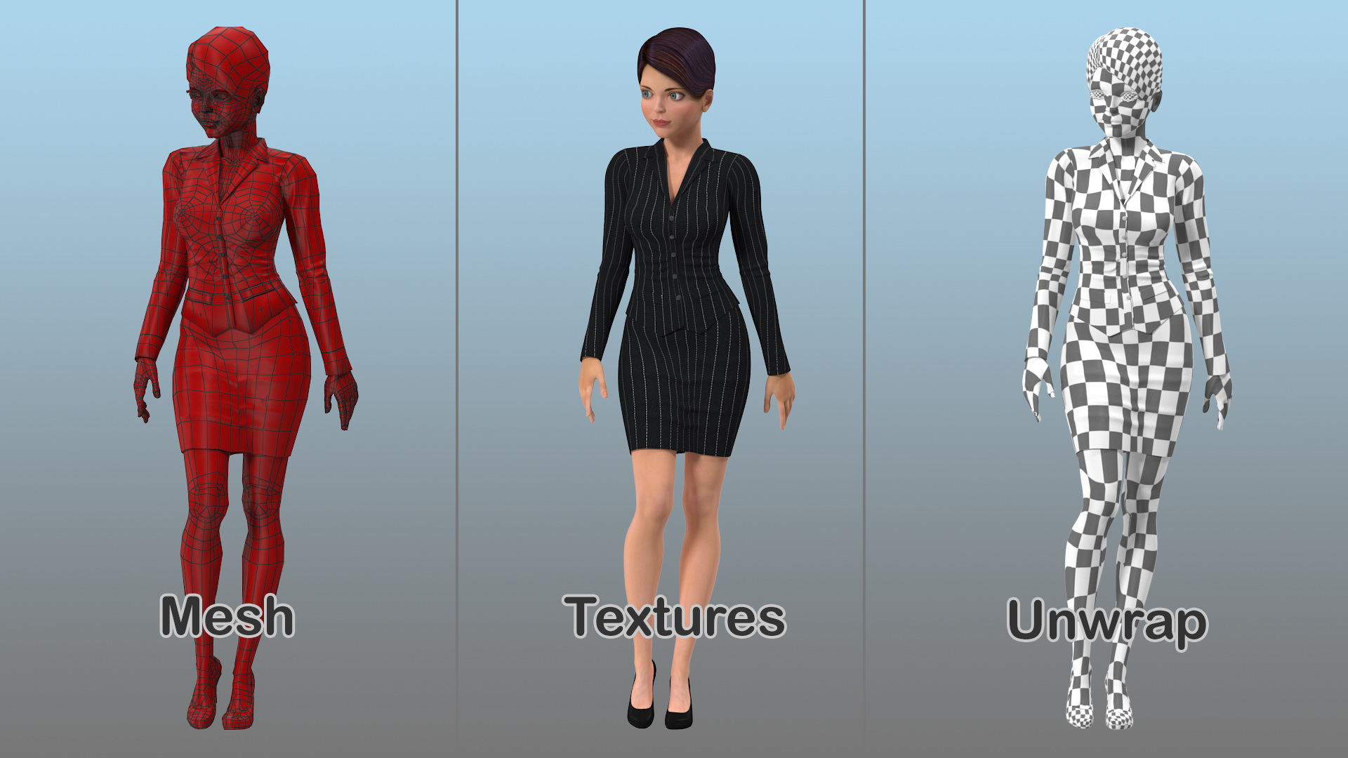 Cartoon Young Girl Office Clothes Standing Pose 3D