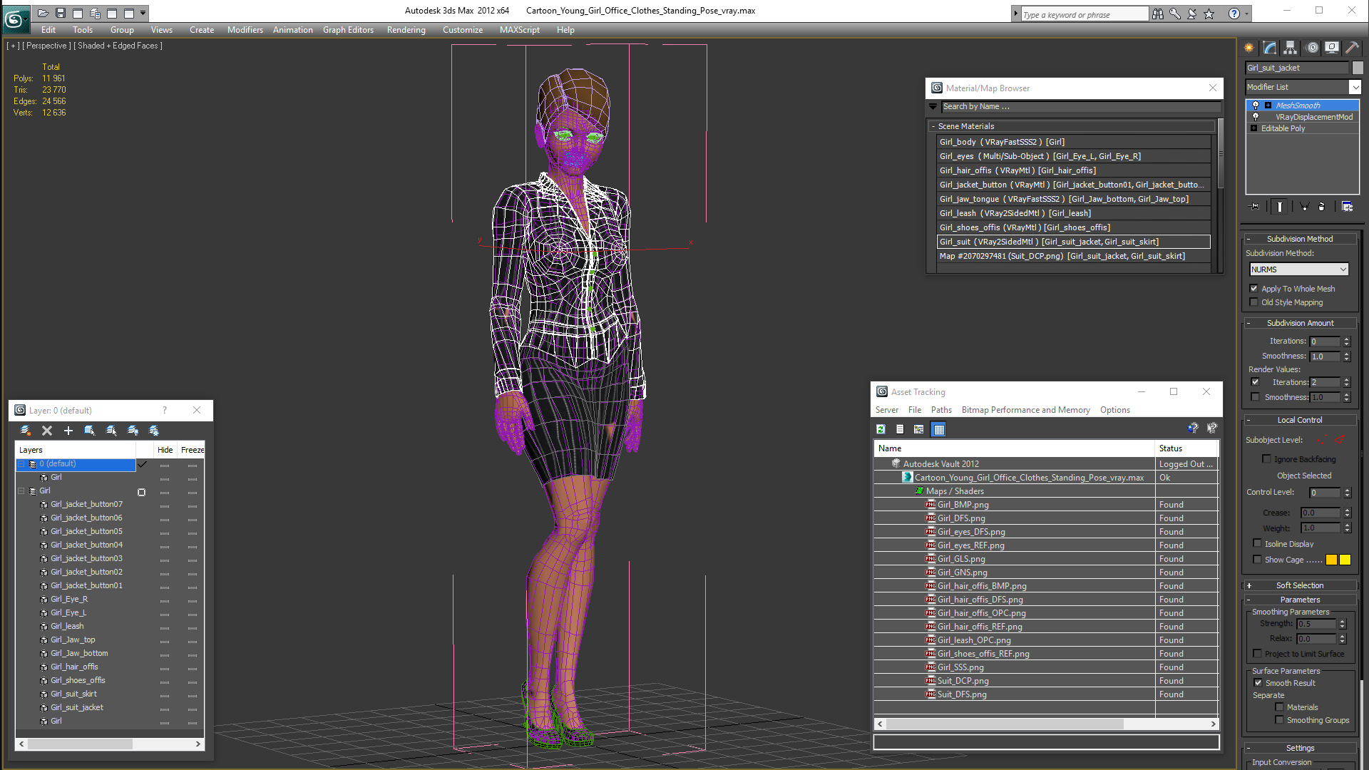 Cartoon Young Girl Office Clothes Standing Pose 3D
