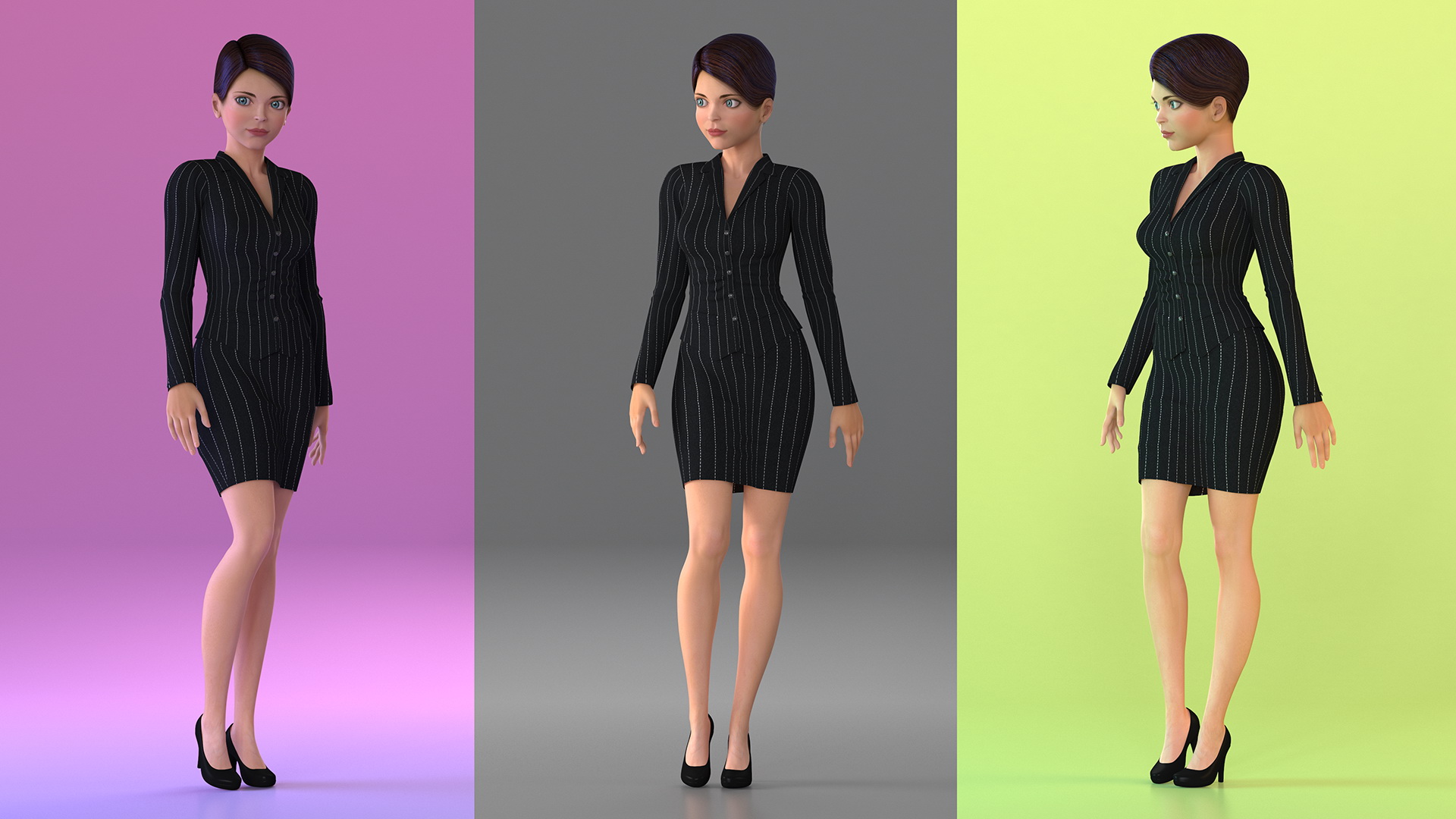 Cartoon Young Girl Office Clothes Standing Pose 3D