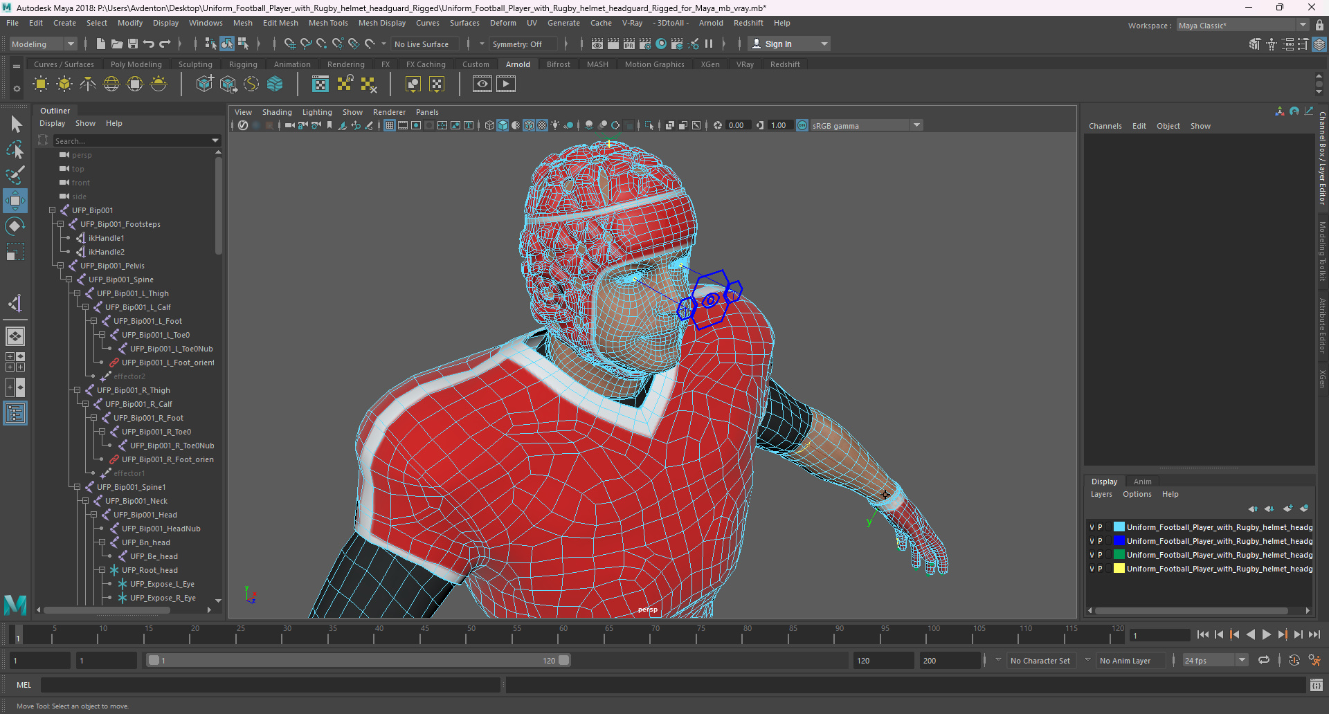 Uniform Football Player with Rugby Helmet Headguard Rigged for Maya 3D