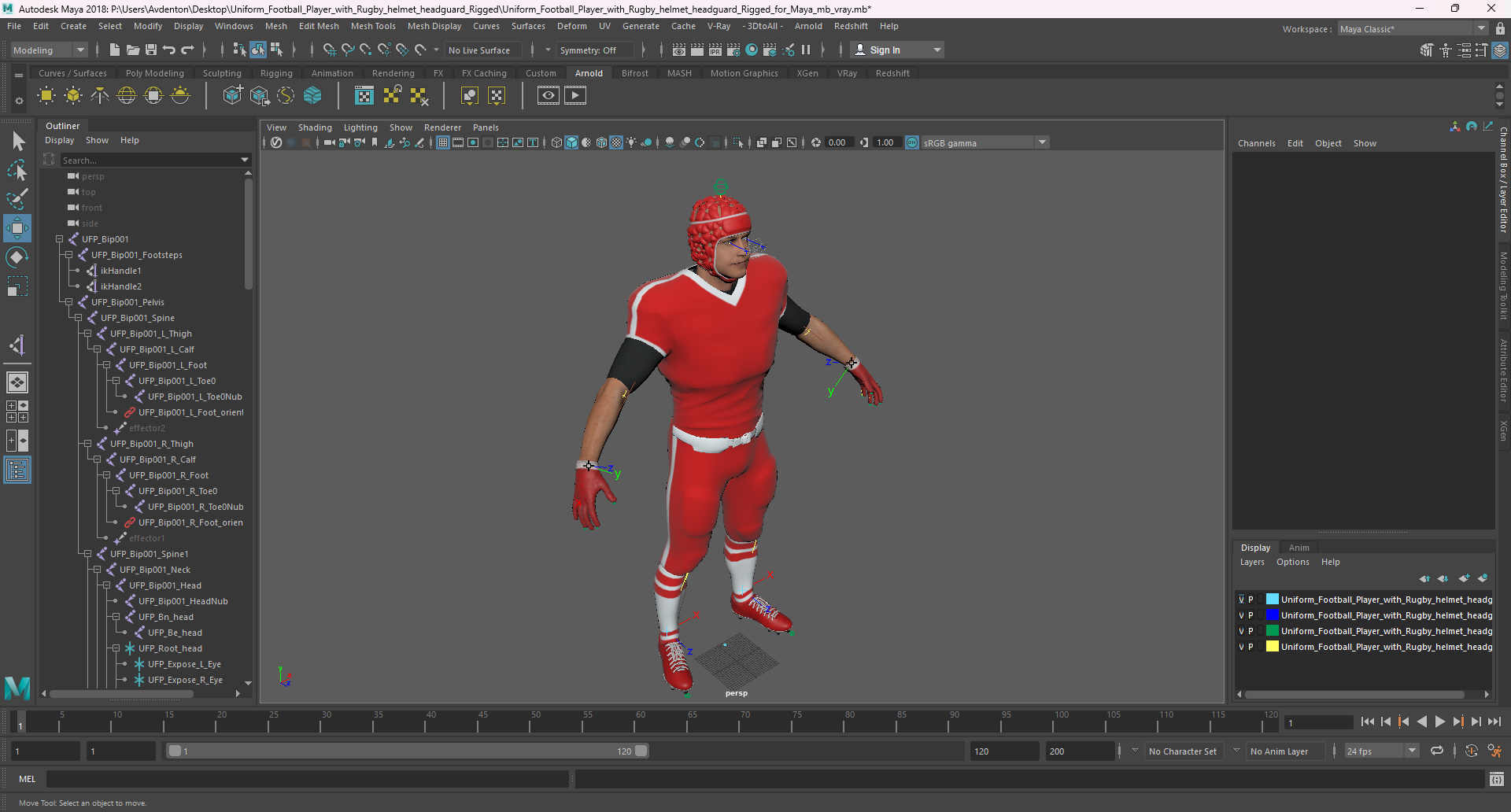 Uniform Football Player with Rugby Helmet Headguard Rigged for Maya 3D