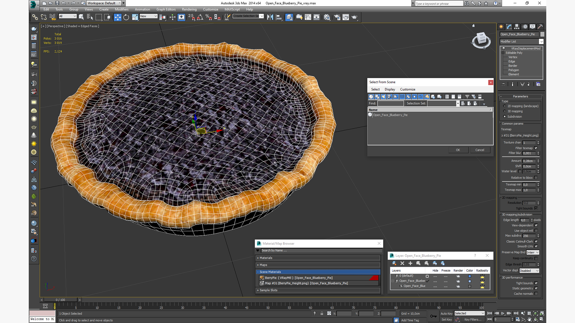 3D Open Face Blueberry Pie model