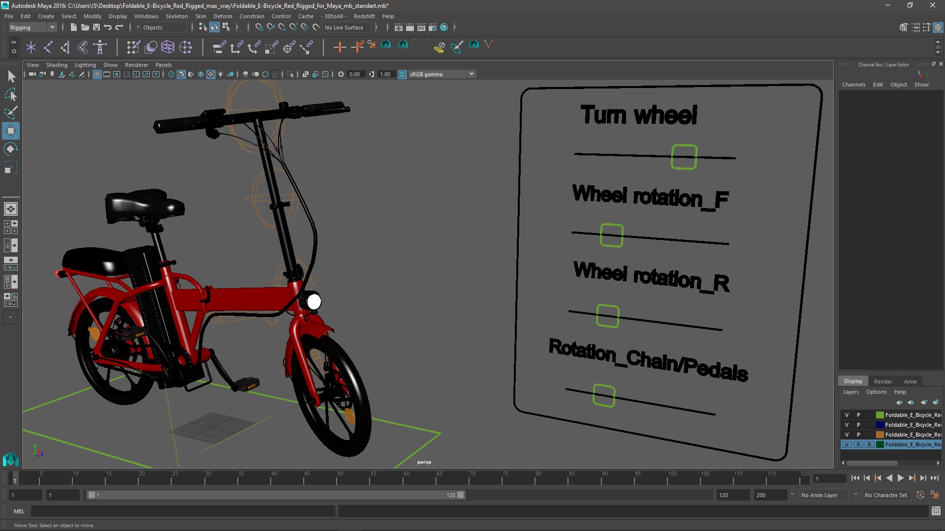 3D Foldable E-Bicycle Red Rigged for Maya model