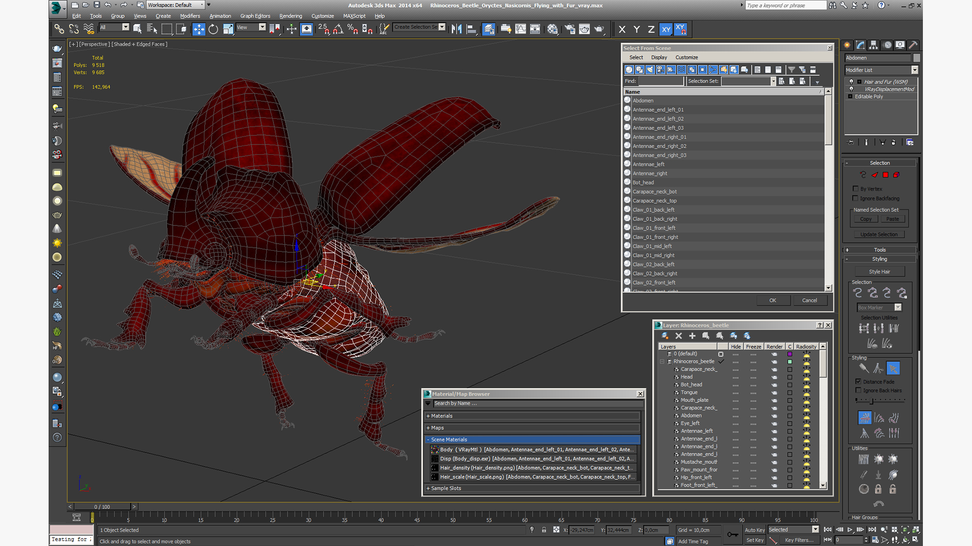 Rhinoceros Beetle Oryctes Nasicornis Flying with Fur 3D