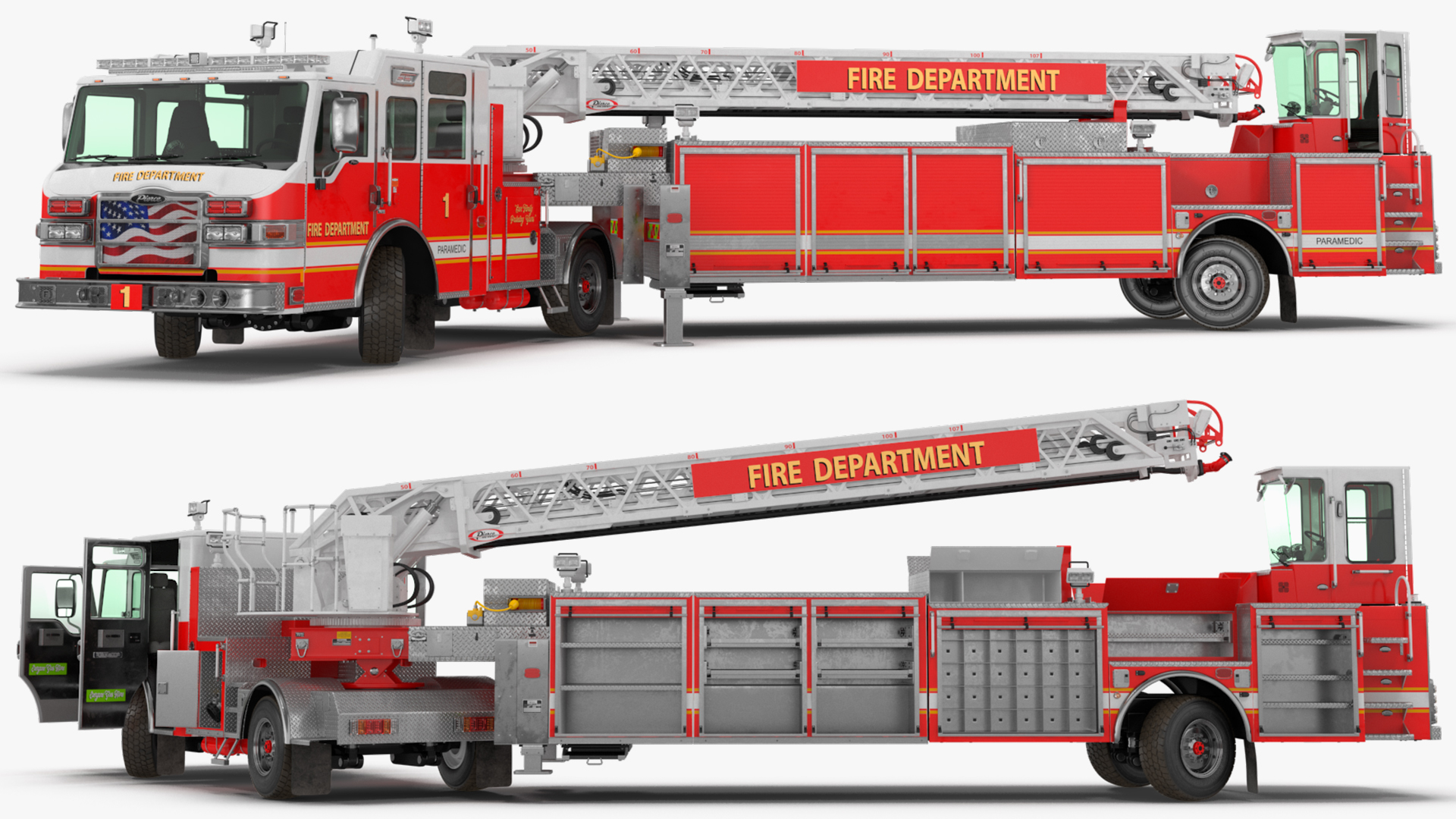 3D model Velocity Ascendant 107 Heavy Duty Tiller Aerial Ladder Red Rigged