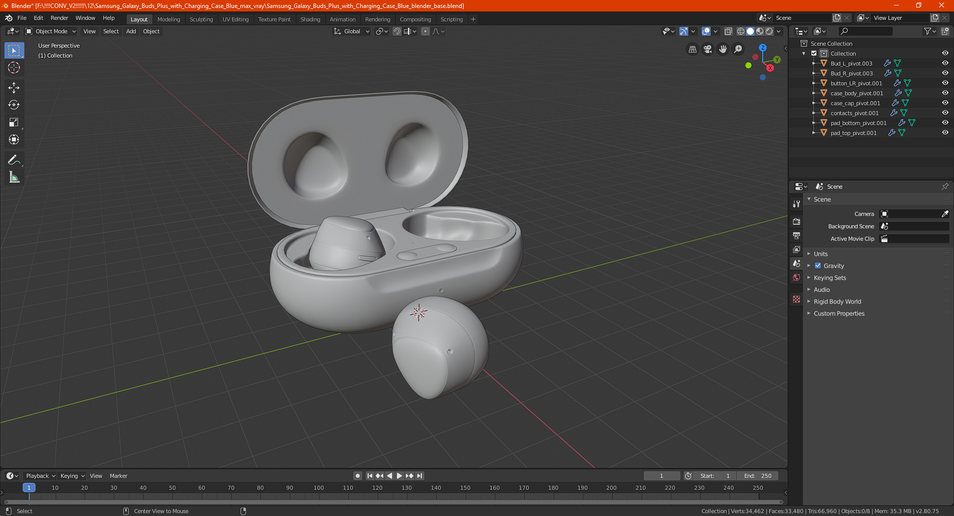 3D Samsung Galaxy Buds Plus with Charging Case Blue model