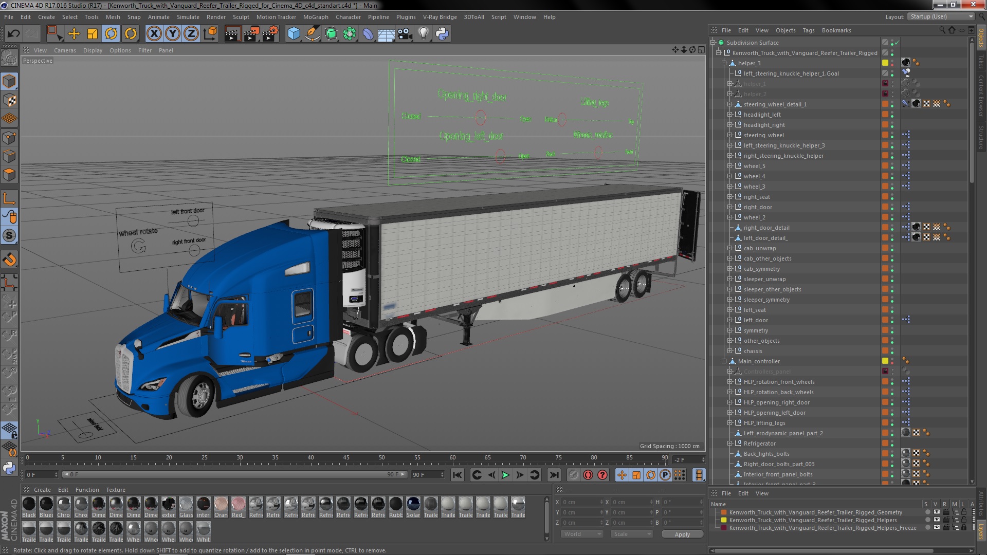 Kenworth Truck with Vanguard Reefer Trailer Rigged for Cinema 4D 3D model