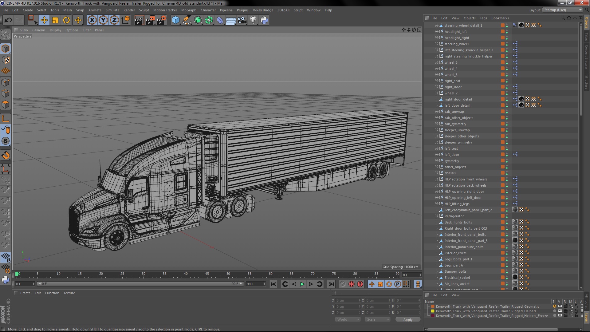 Kenworth Truck with Vanguard Reefer Trailer Rigged for Cinema 4D 3D model
