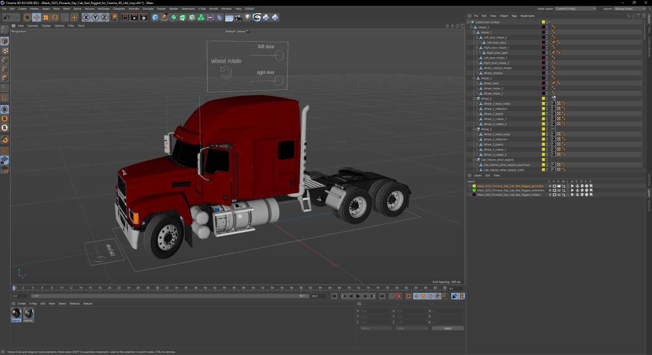 3D Mack 2025 Pinnacle Day Cab Red Rigged for Cinema 4D