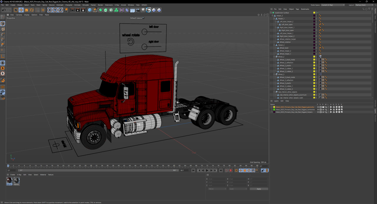 3D Mack 2025 Pinnacle Day Cab Red Rigged for Cinema 4D