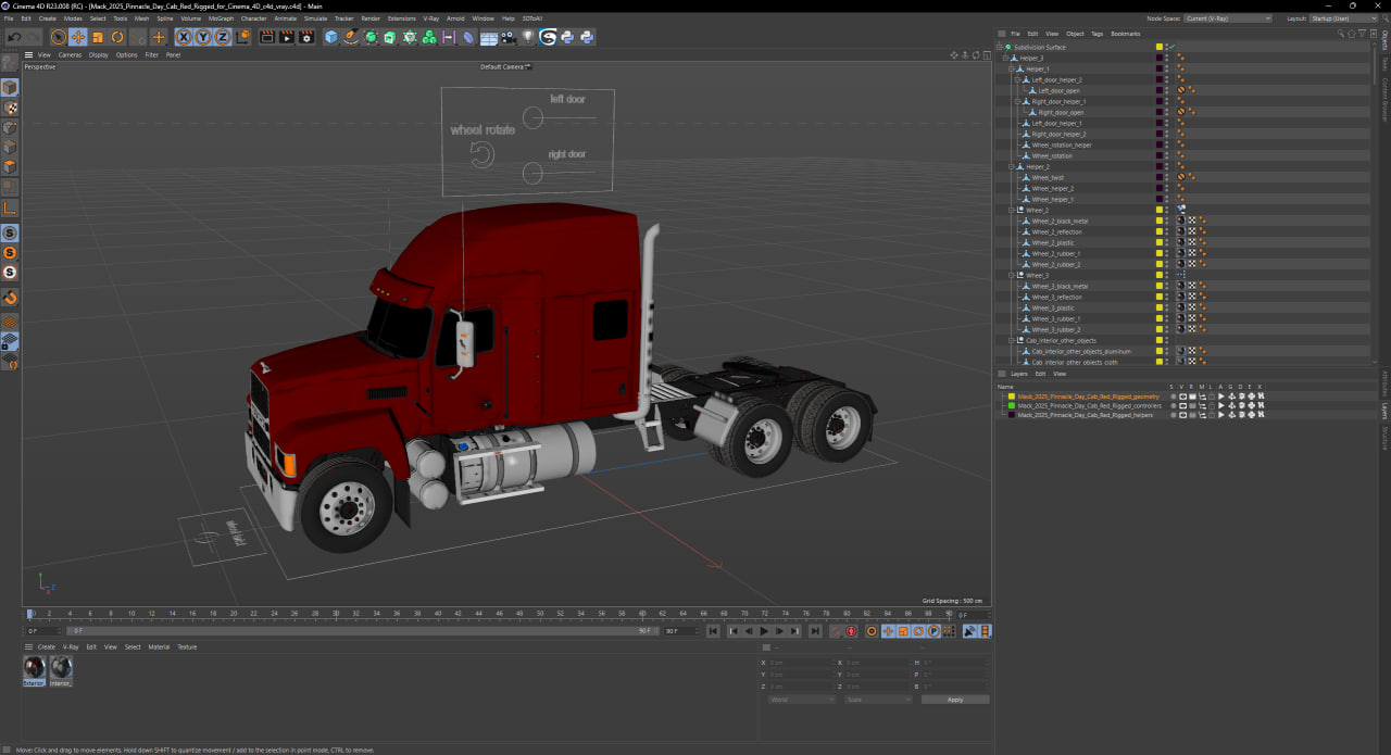 3D Mack 2025 Pinnacle Day Cab Red Rigged for Cinema 4D