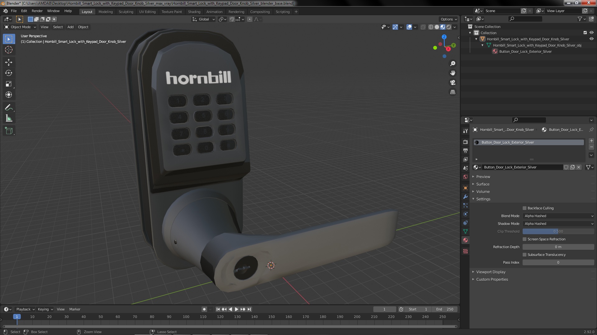 3D Hornbill Smart Lock with Keypad Door Knob Silver model