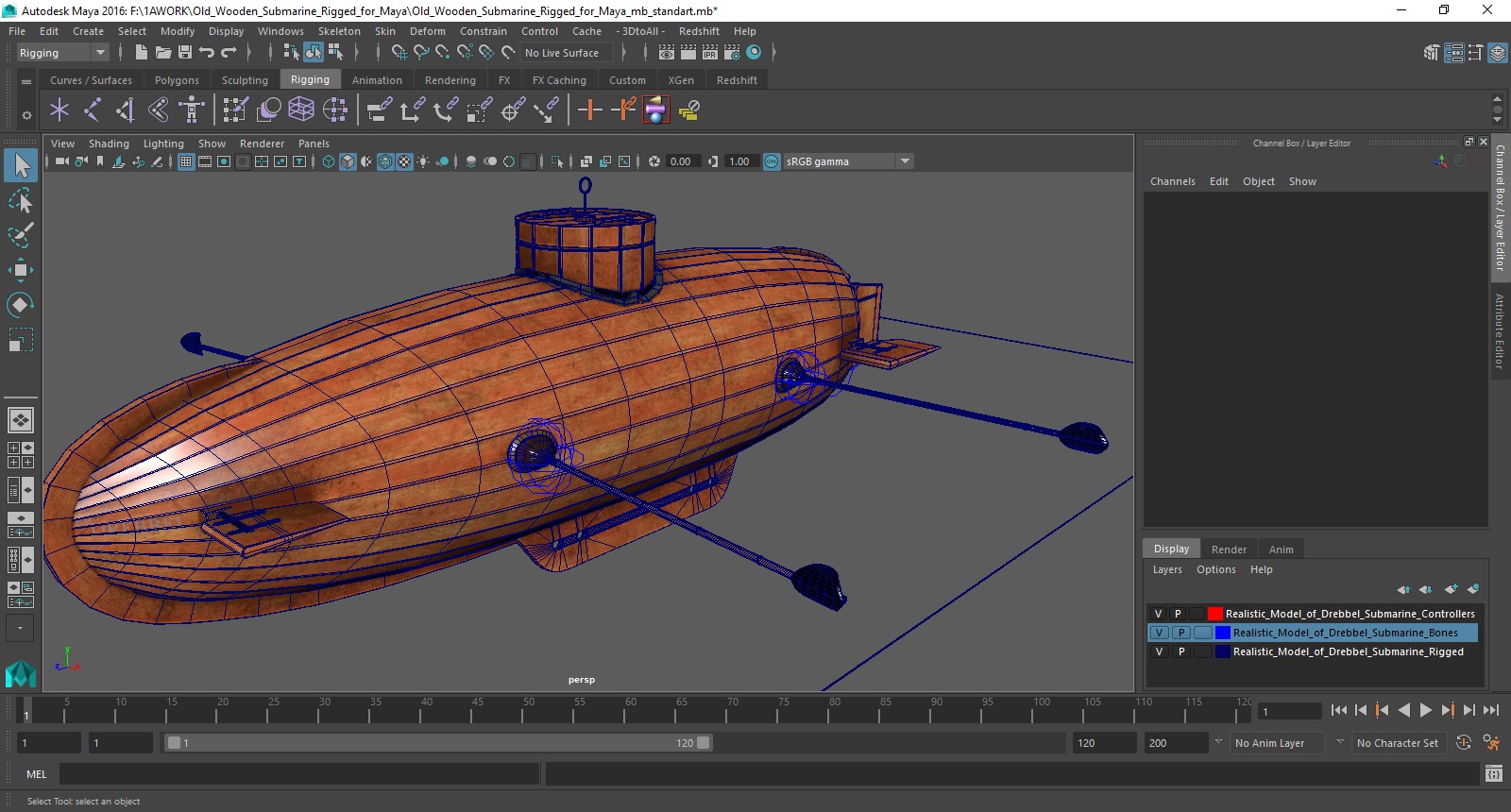 3D Old Wooden Submarine Rigged for Maya
