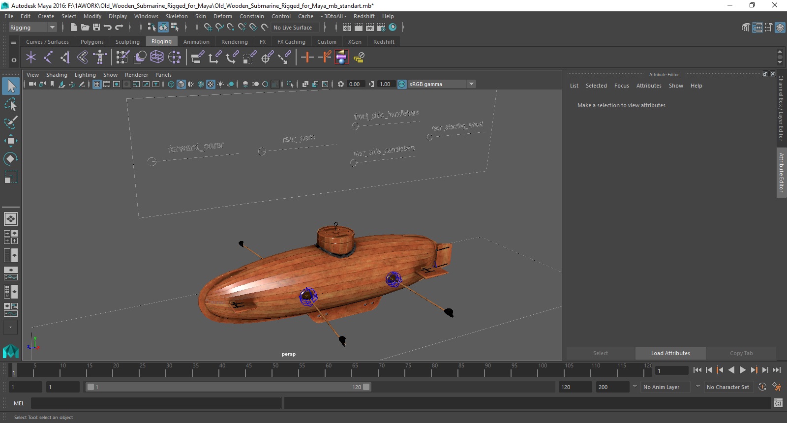 3D Old Wooden Submarine Rigged for Maya